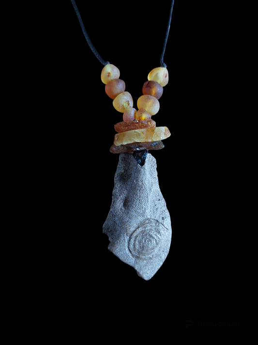 Engraved fossilized bone and amber amulet necklace #2