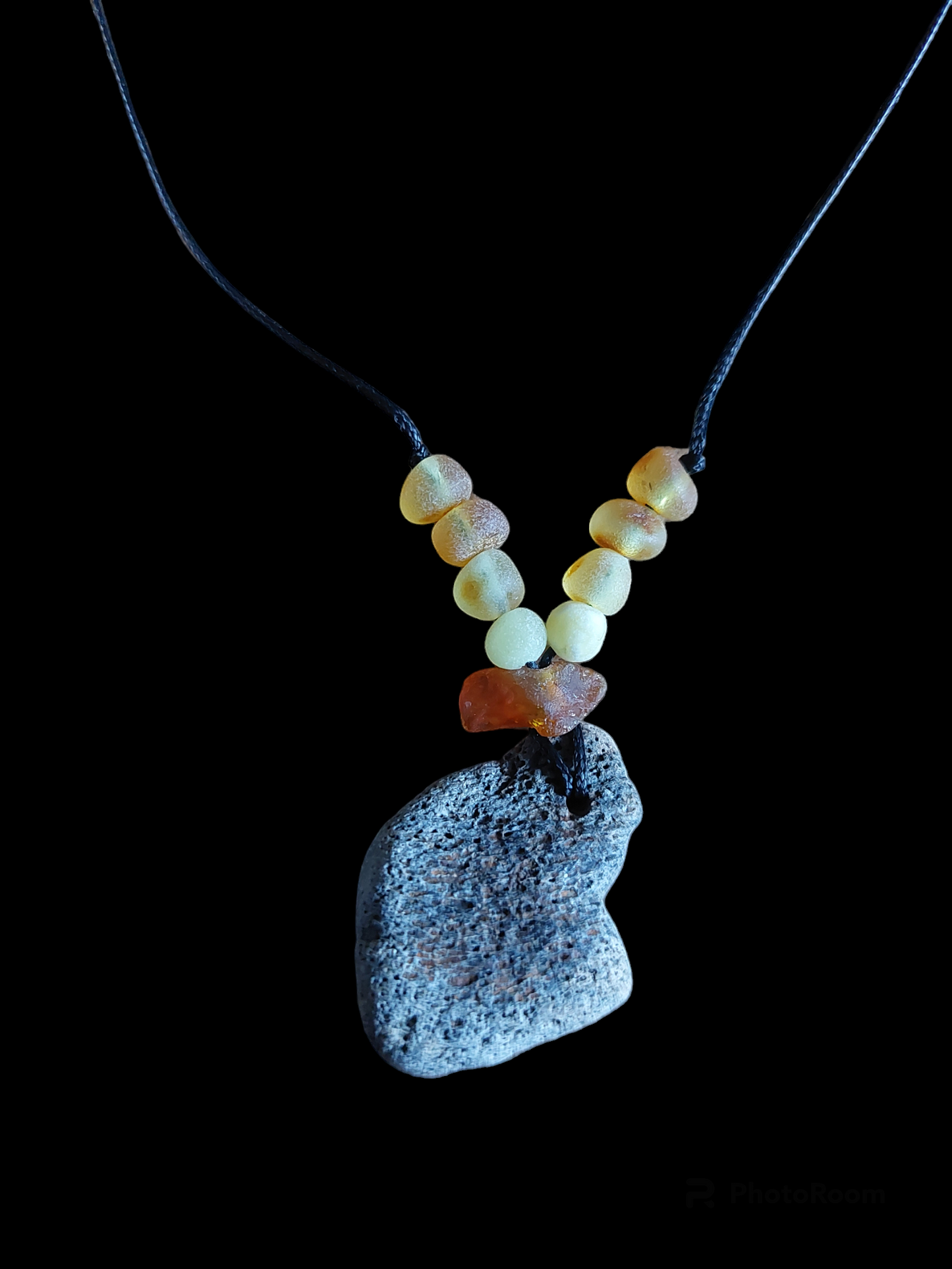 Fossilized bone and amber amulet necklace #3