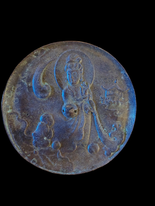 Antique Chinese bronze shamanic mirror Guanyin 118 millimeter