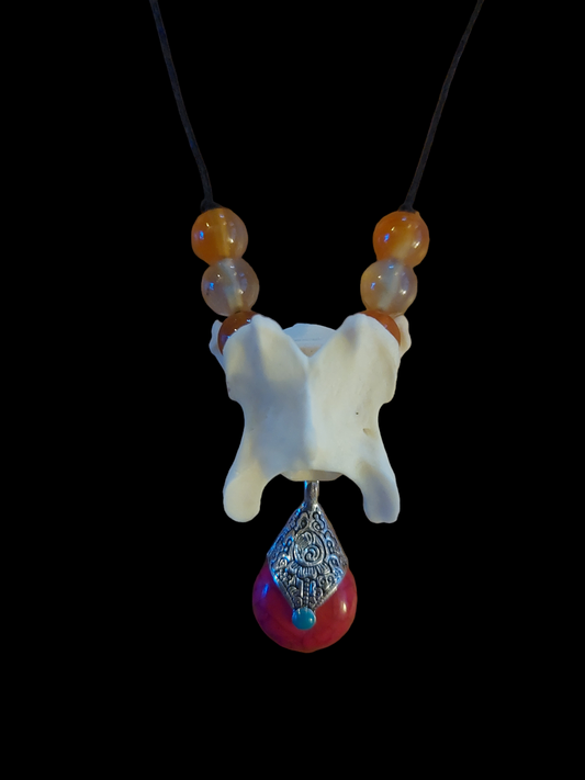 Fox vertebra with carnelion beads and howlite pendant amulet necklace