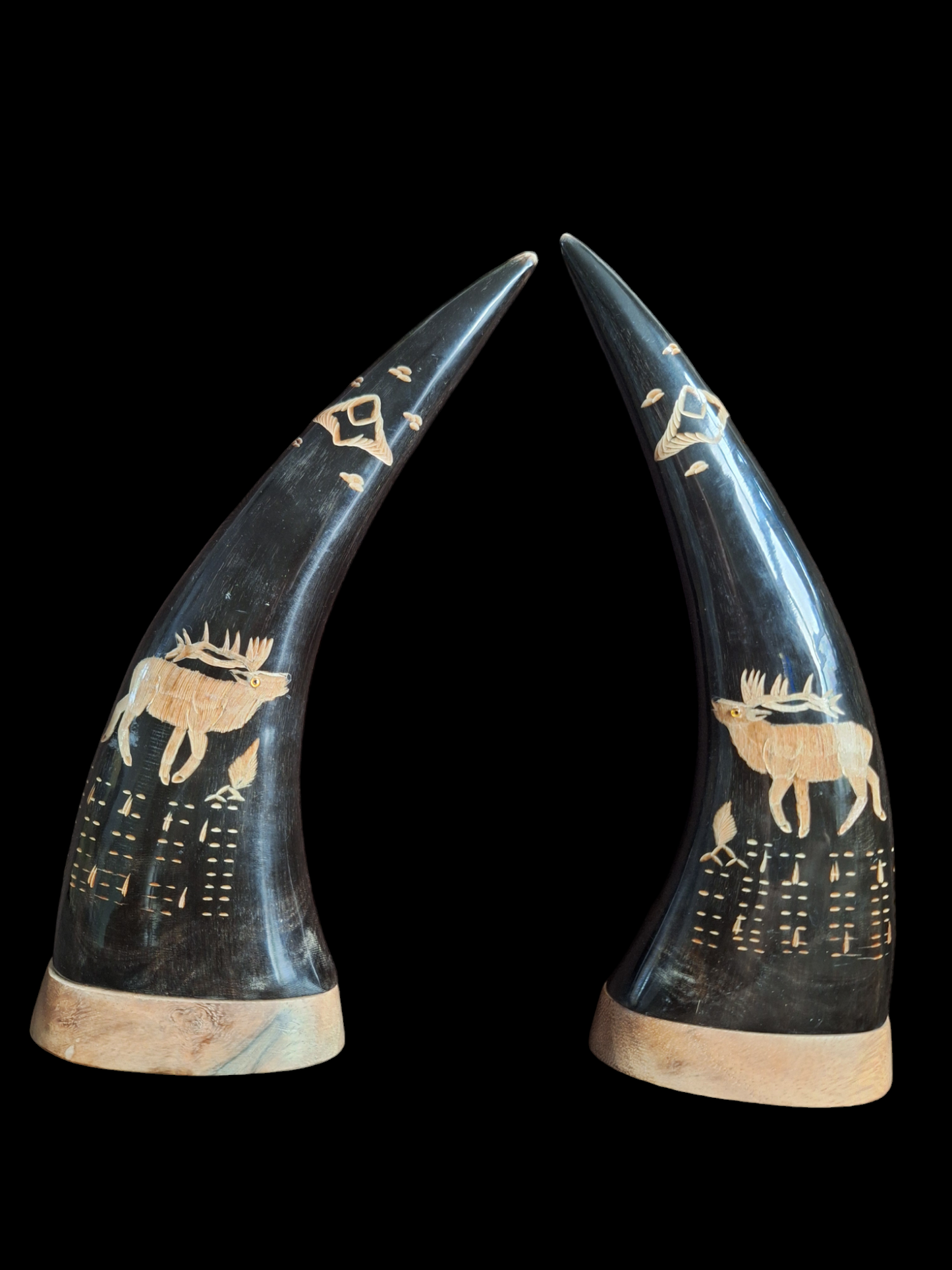 Carved water buffalo horns, set of two