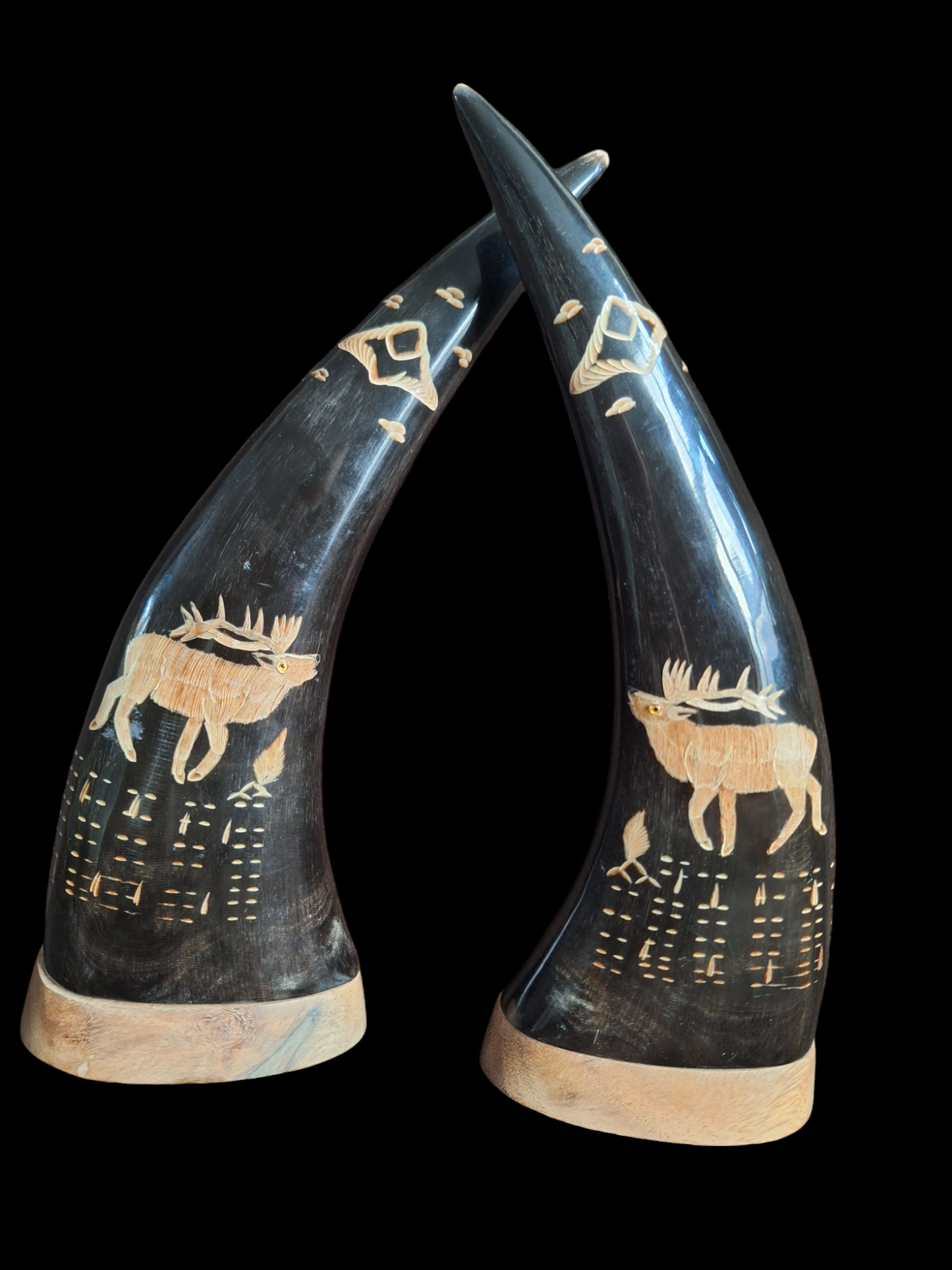 Carved water buffalo horns, set of two