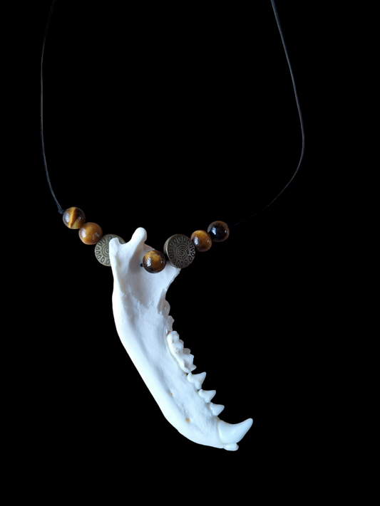 Badger jaw bone and tiger's eye amulet necklace