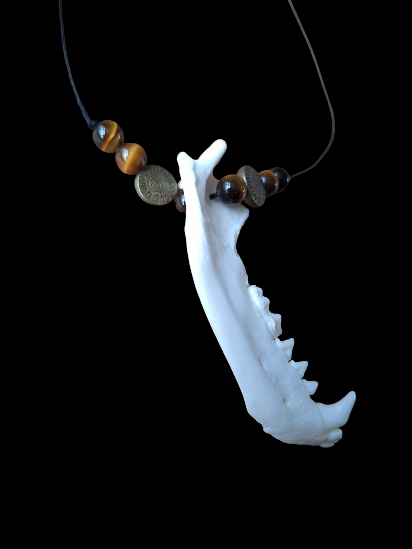 Badger jaw bone and tiger's eye amulet necklace