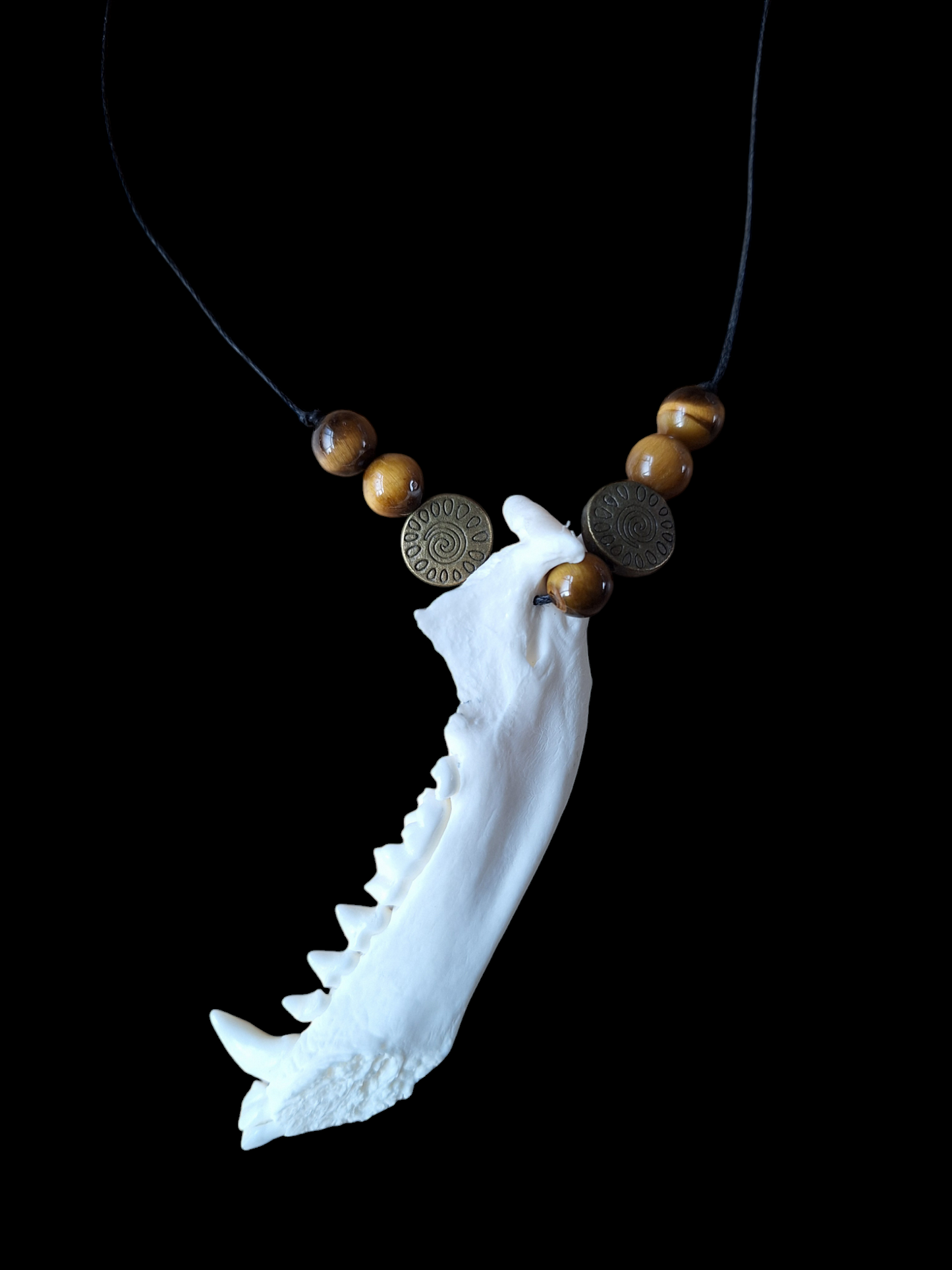 Badger jaw bone and tiger's eye amulet necklace