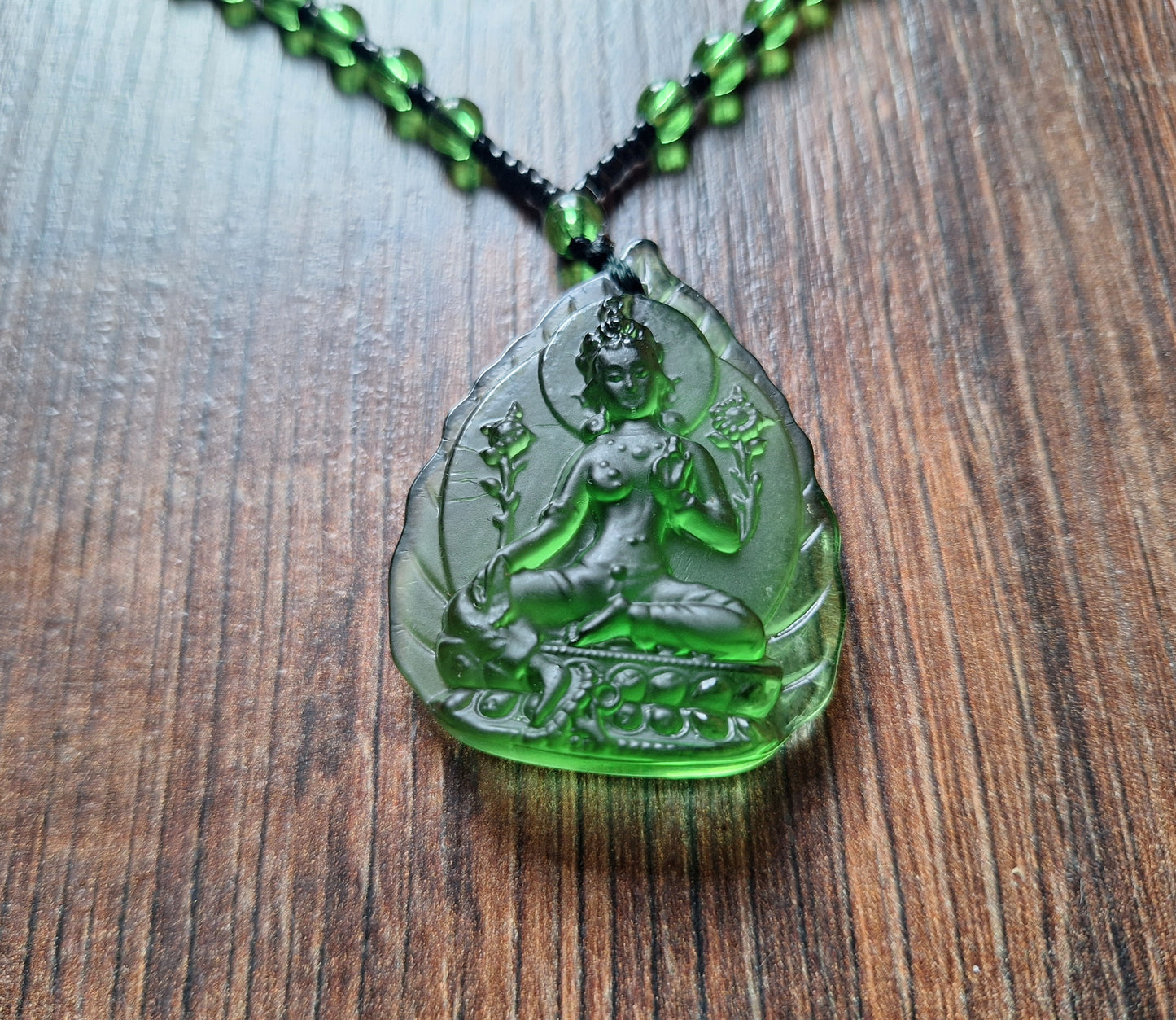 Green glass necklace with Green Tara pendant