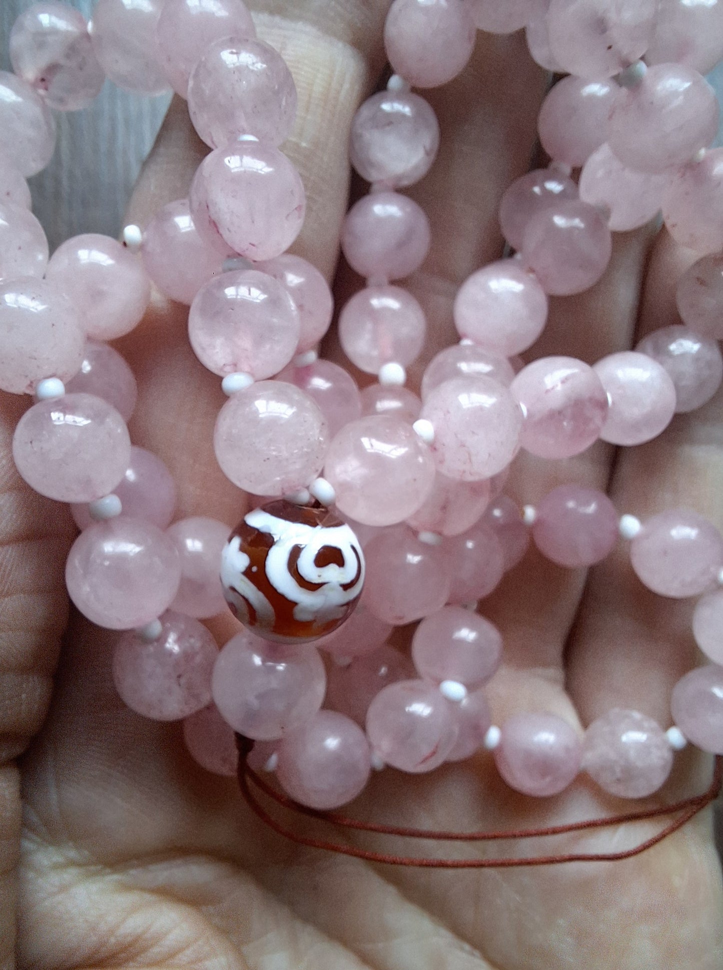 Amulet cord Rose Quartz and Nectar Vessel dzi bead