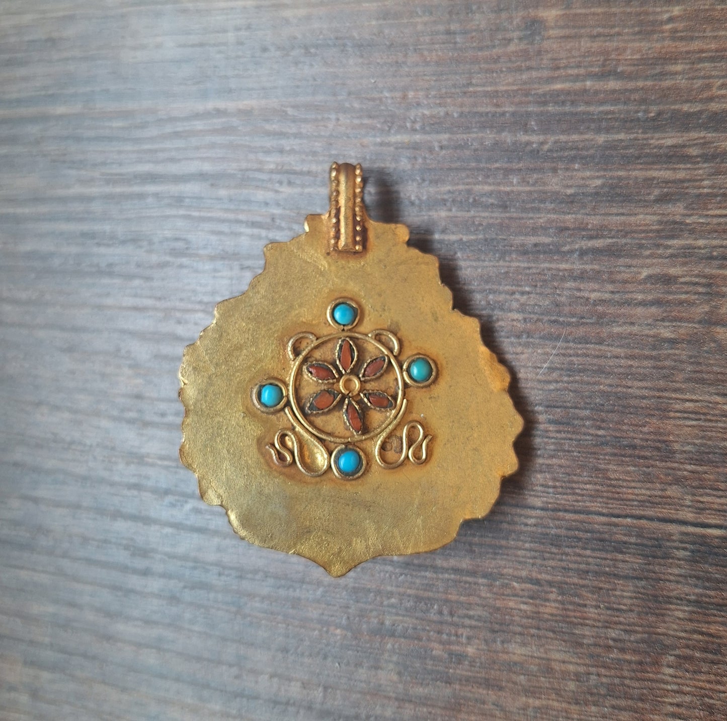 Gilded copper, coral and turquoise pendant Amitabha Buddha
