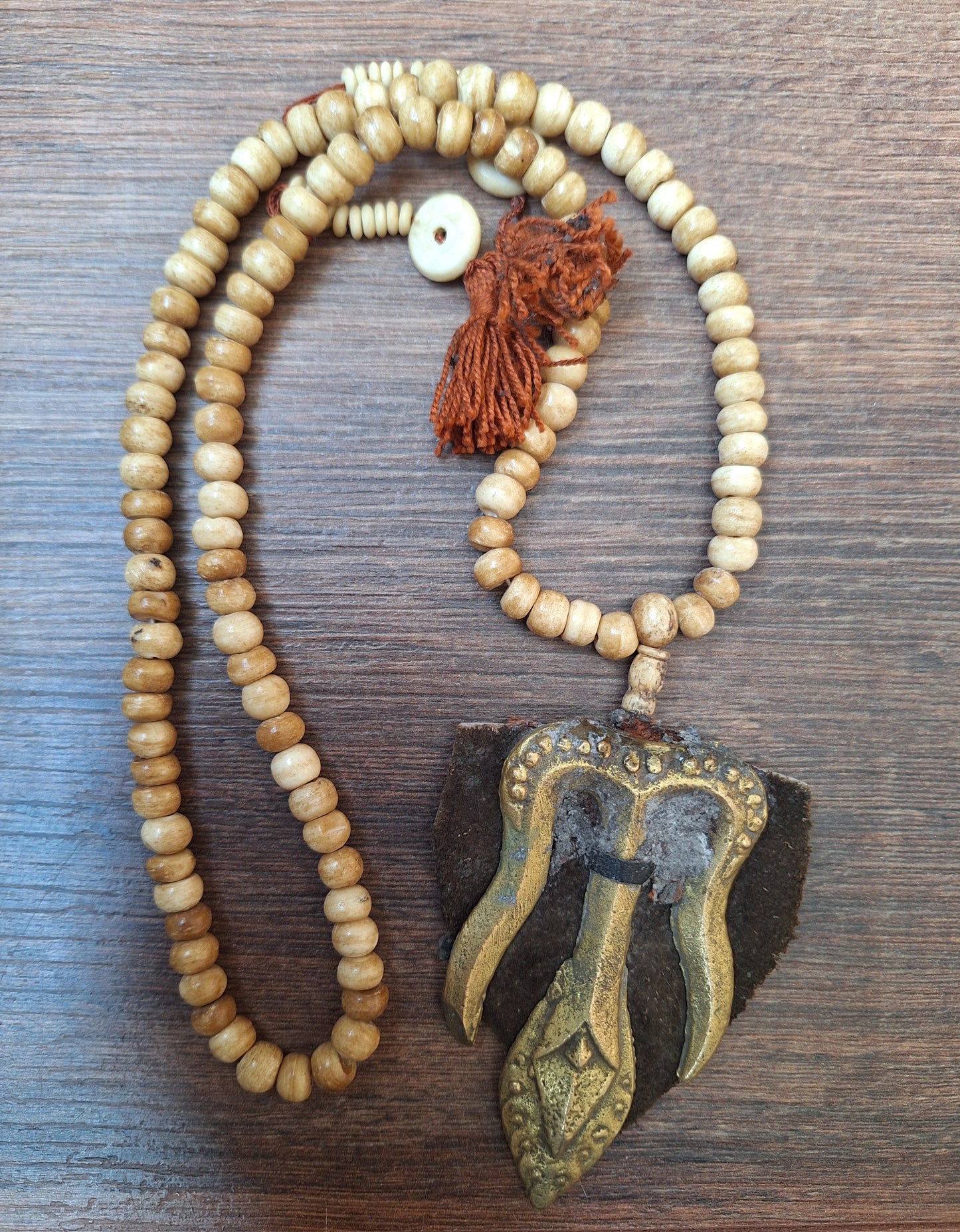 Vintage Tibetan yak bone mala with trident pendant