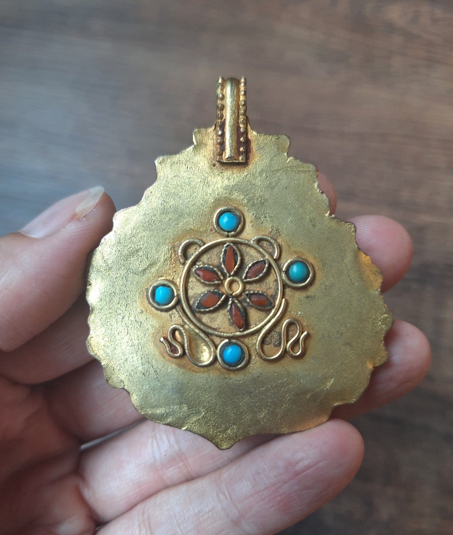 Gilded copper, coral and turquoise pendant Amitabha Buddha
