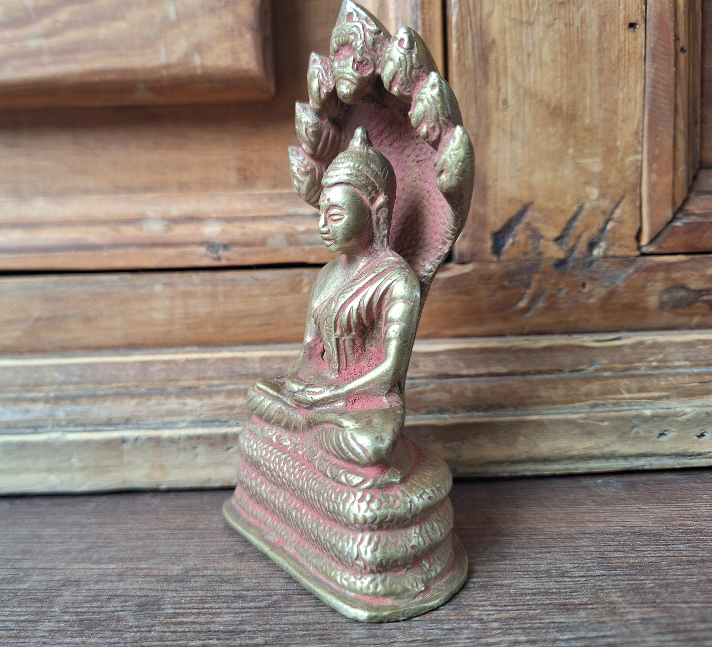 Vintage brass Shakyamuni Buddha with Mucalinda figurine