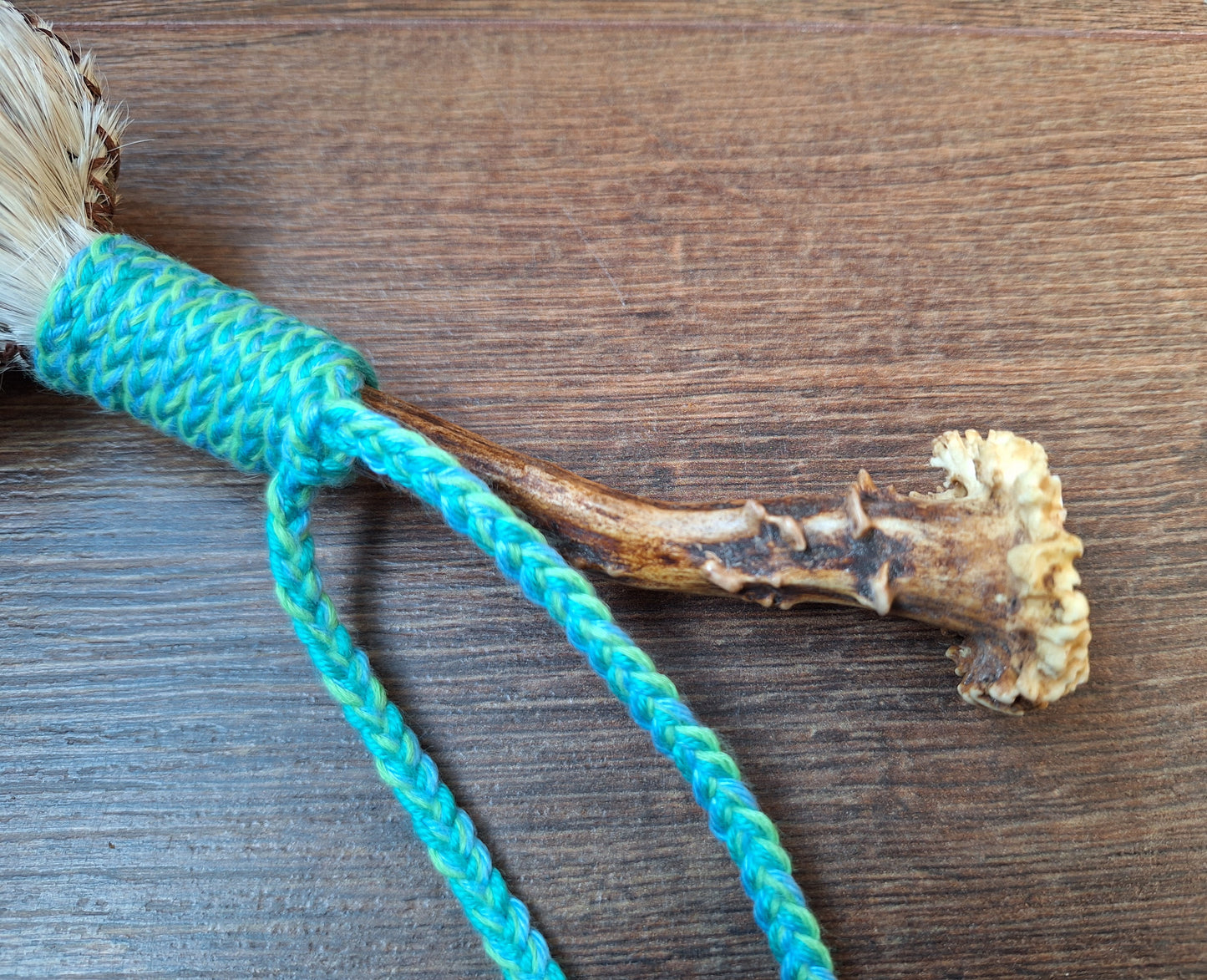 Horse hide and roe deer antler rattle