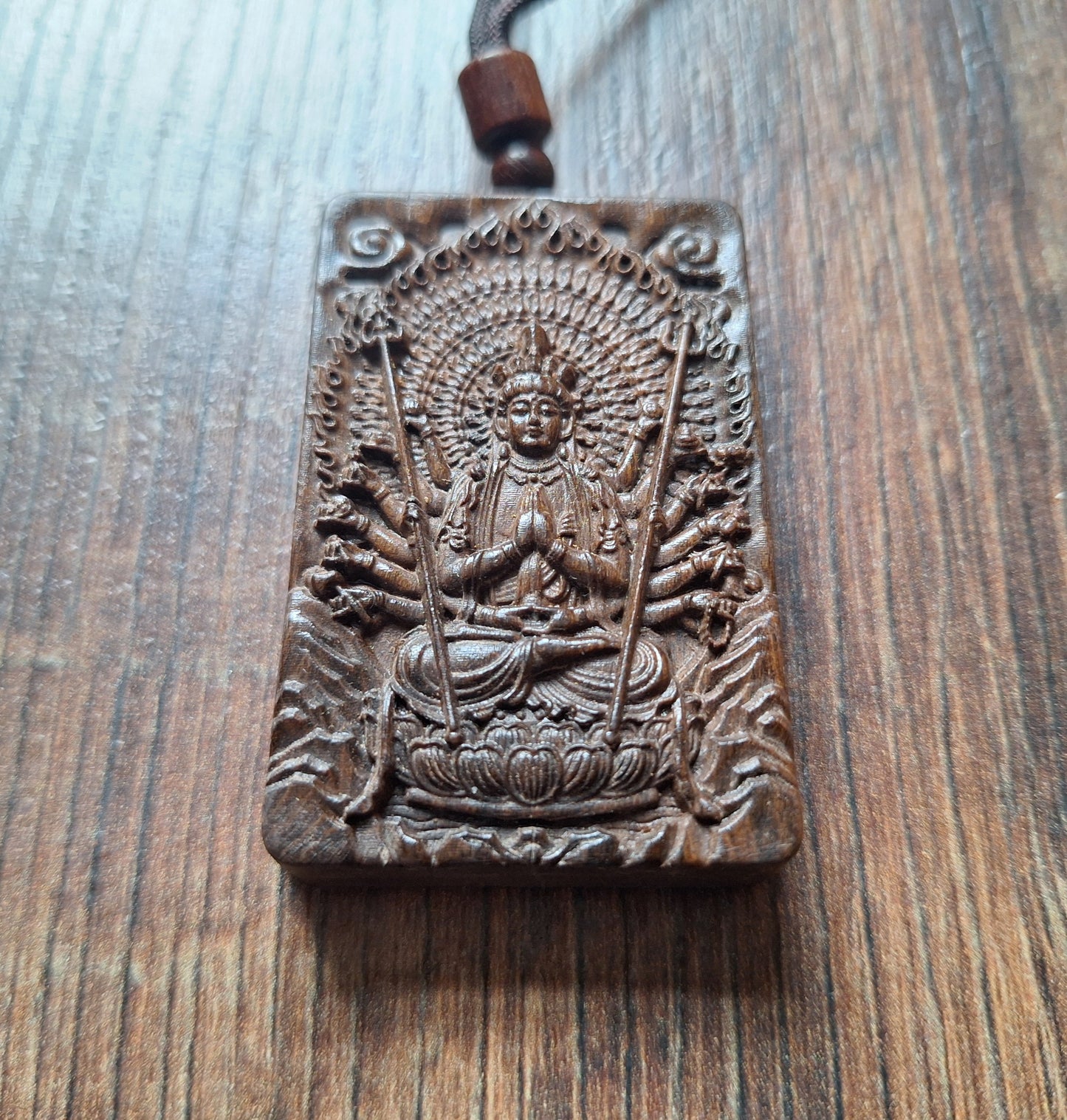 Necklace with wooden pendant Avalokiteshvara