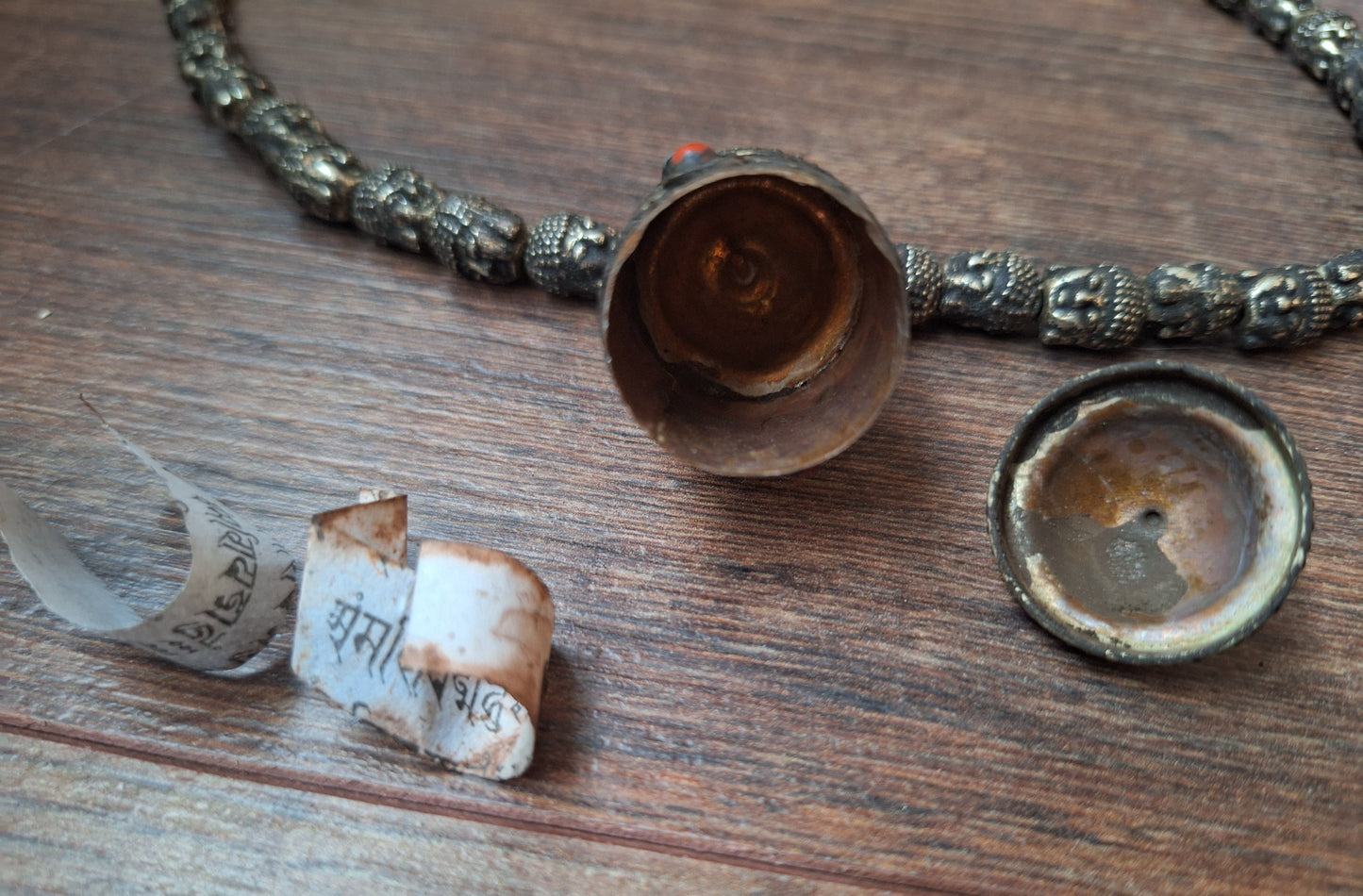 Vintage buddha head necklace with mantra locket, crafting project