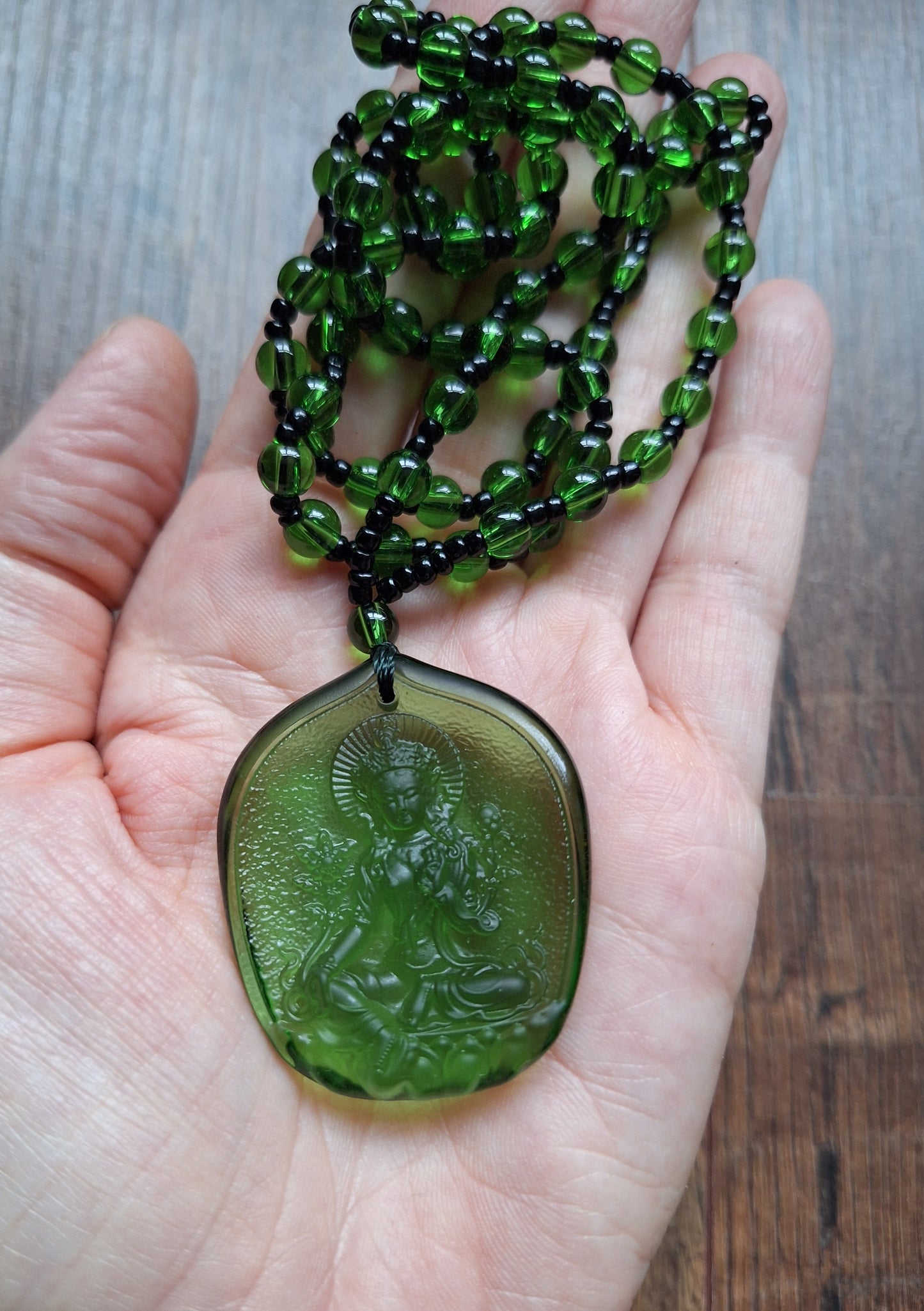 Green glass necklace with Green Tara pendant