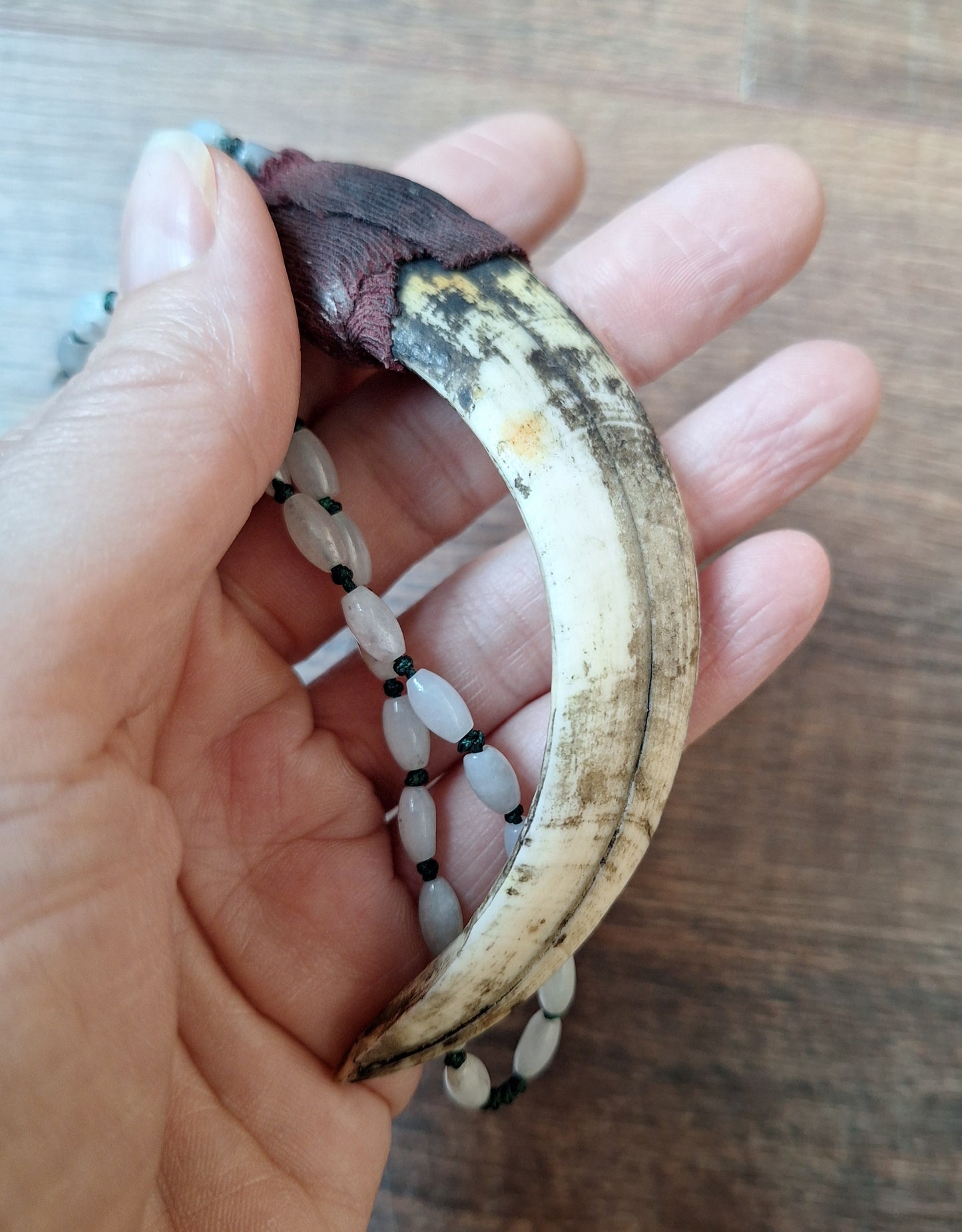 Vintage Nepalese snow quartz necklace with wild boar tooth pendant