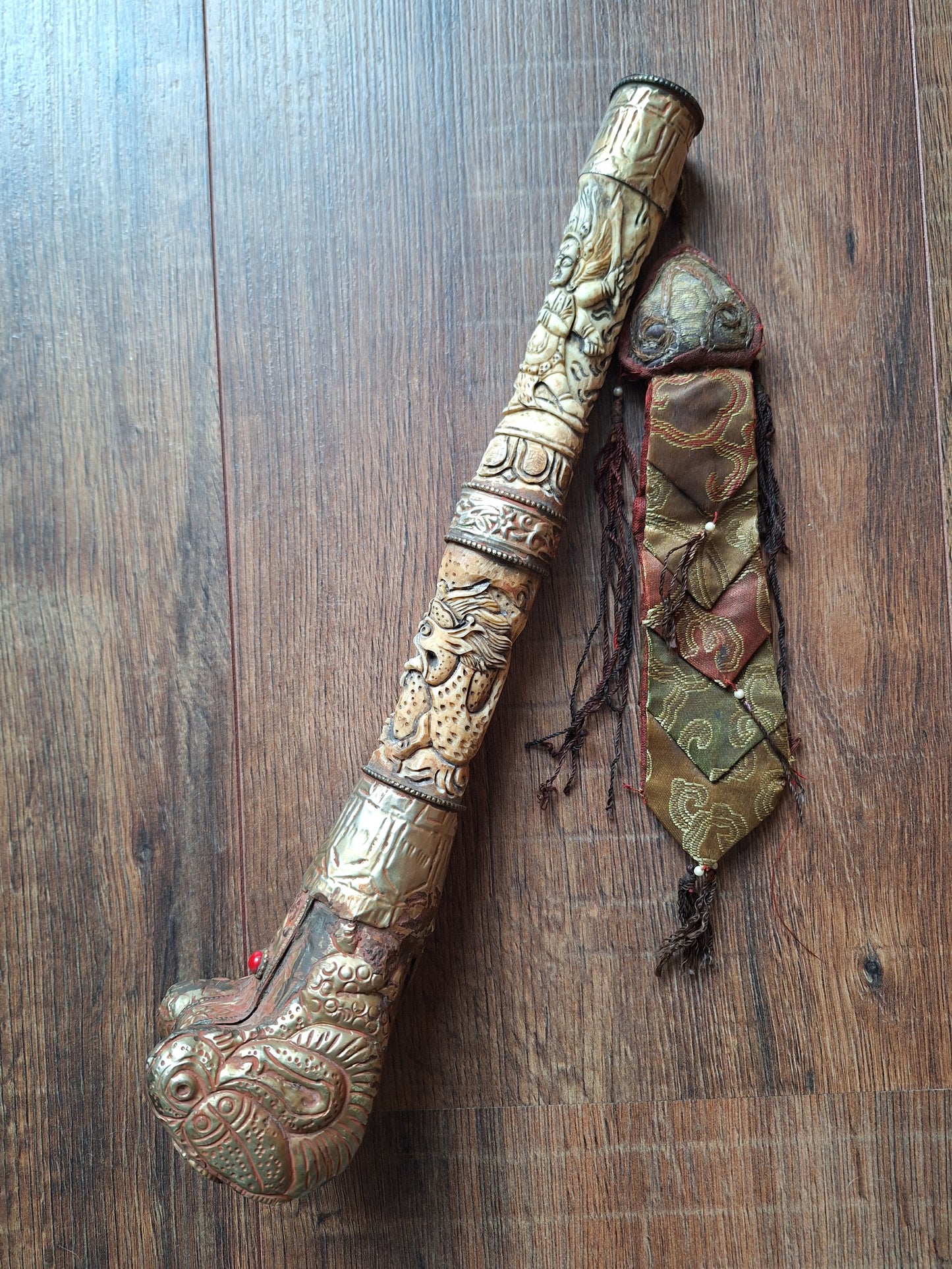 Vintage Tibetan Buddhist carved yak bone kangling