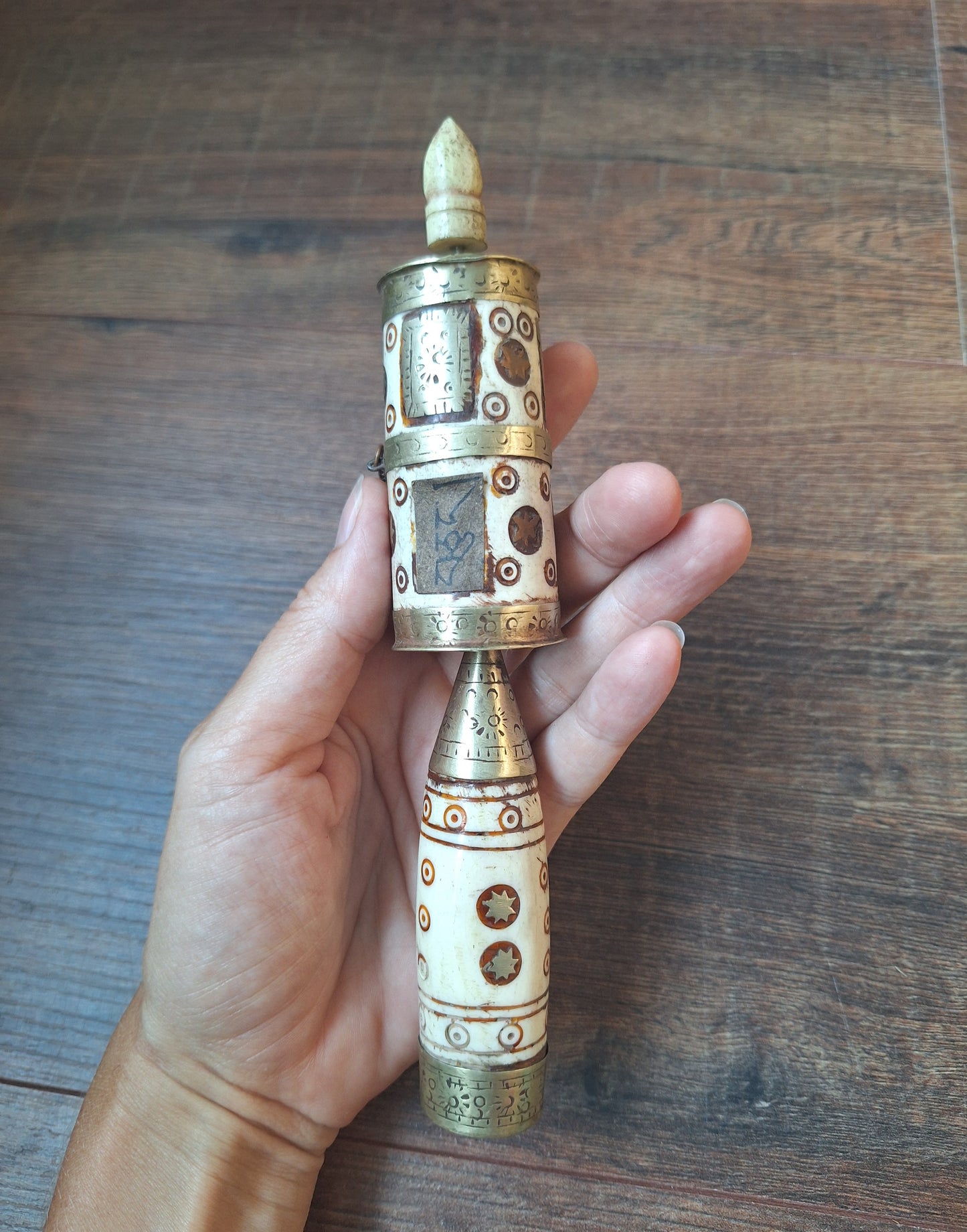 Vintage Tibetan silver and yak bone prayer wheel