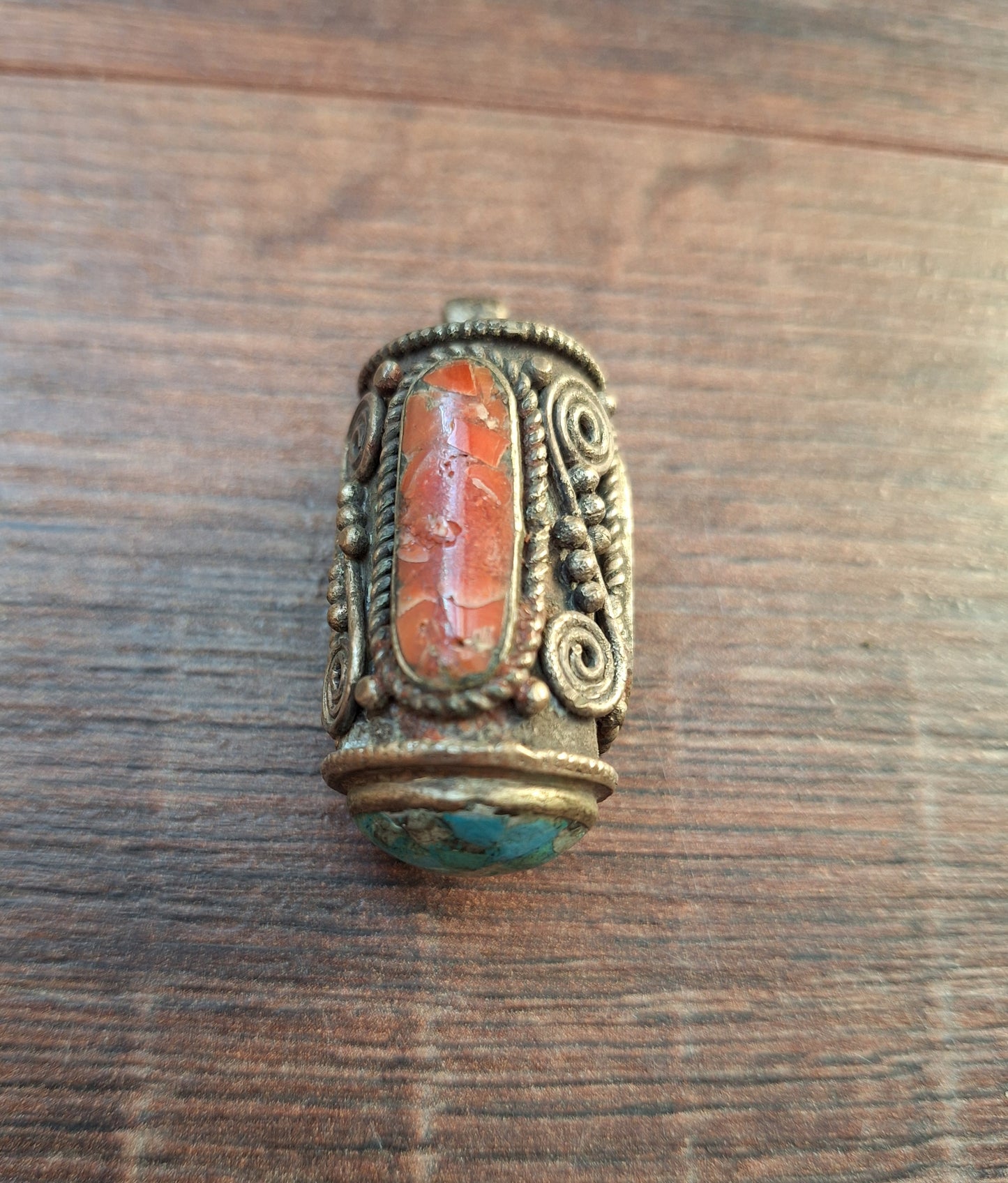 Vintage Tibetan silver pendant with gemstone inlay