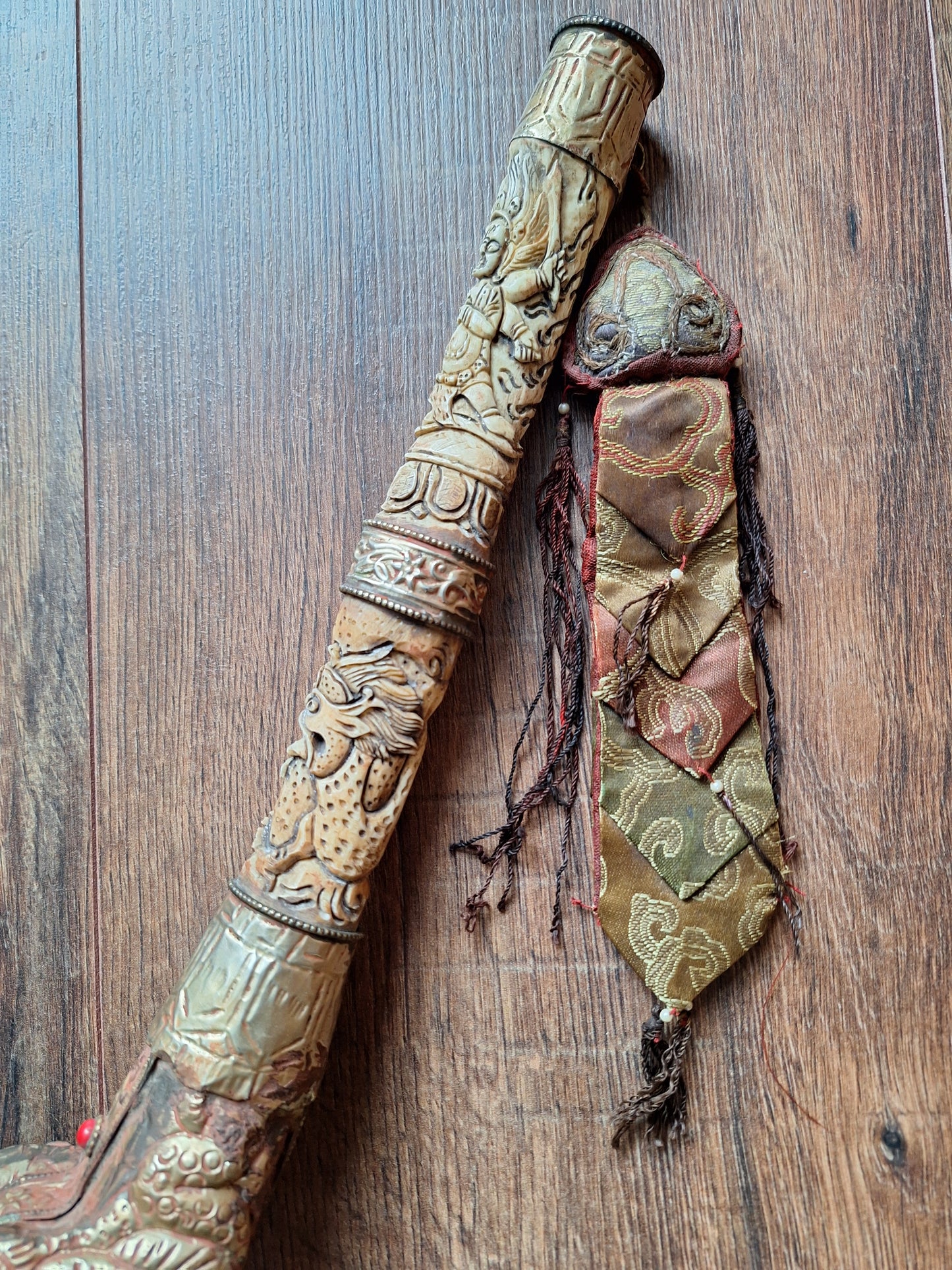 Vintage Tibetan Buddhist carved yak bone kangling