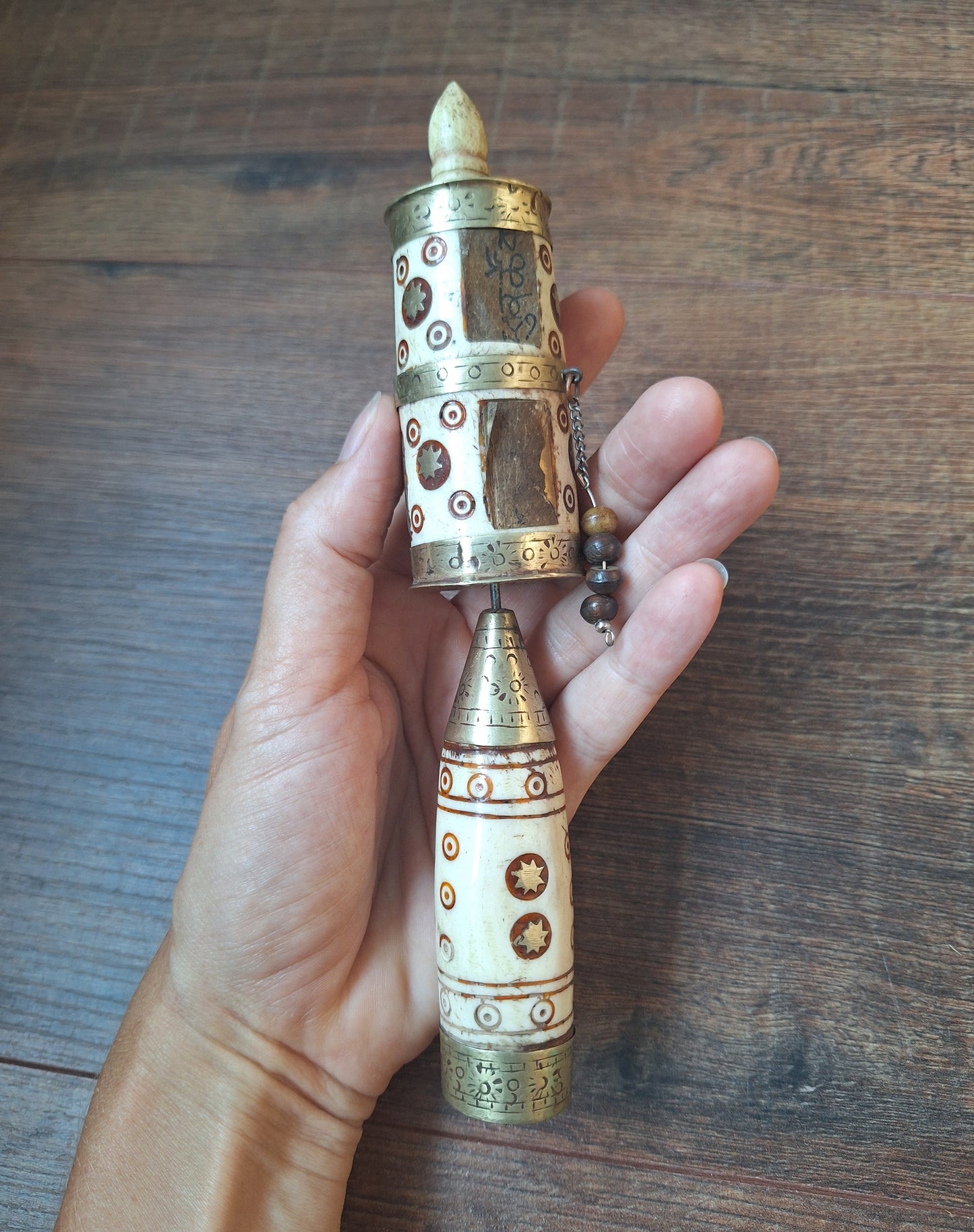 Vintage Tibetan silver and yak bone prayer wheel