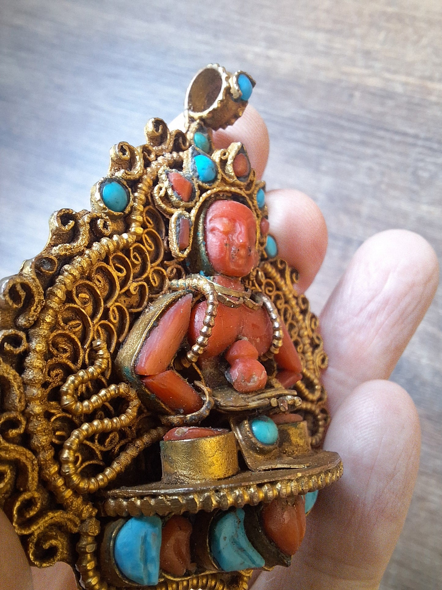 Gilded copper, coral and turquoise pendant Amitabha Buddha