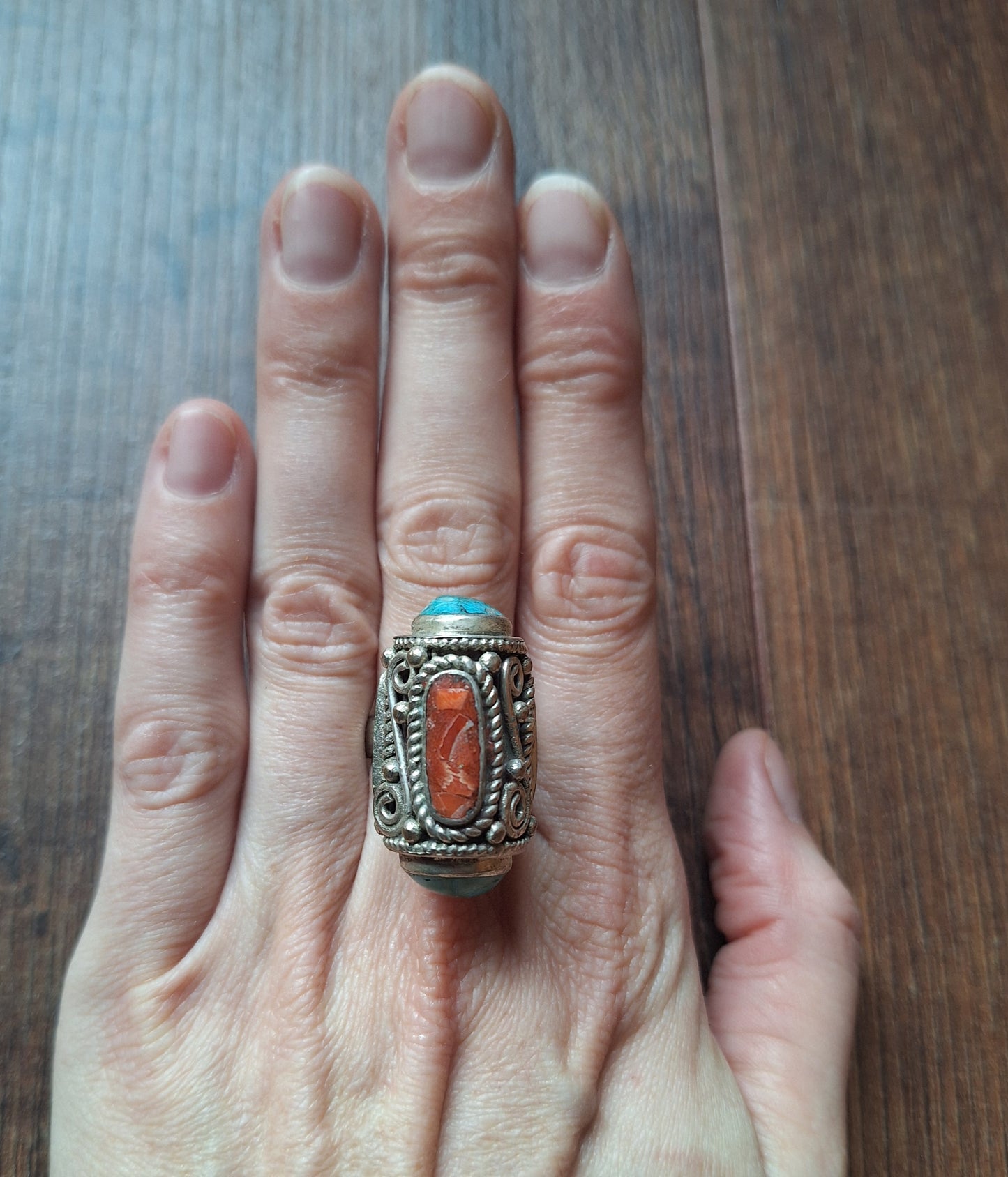 Vintage Tibetan silver and gemstone ring