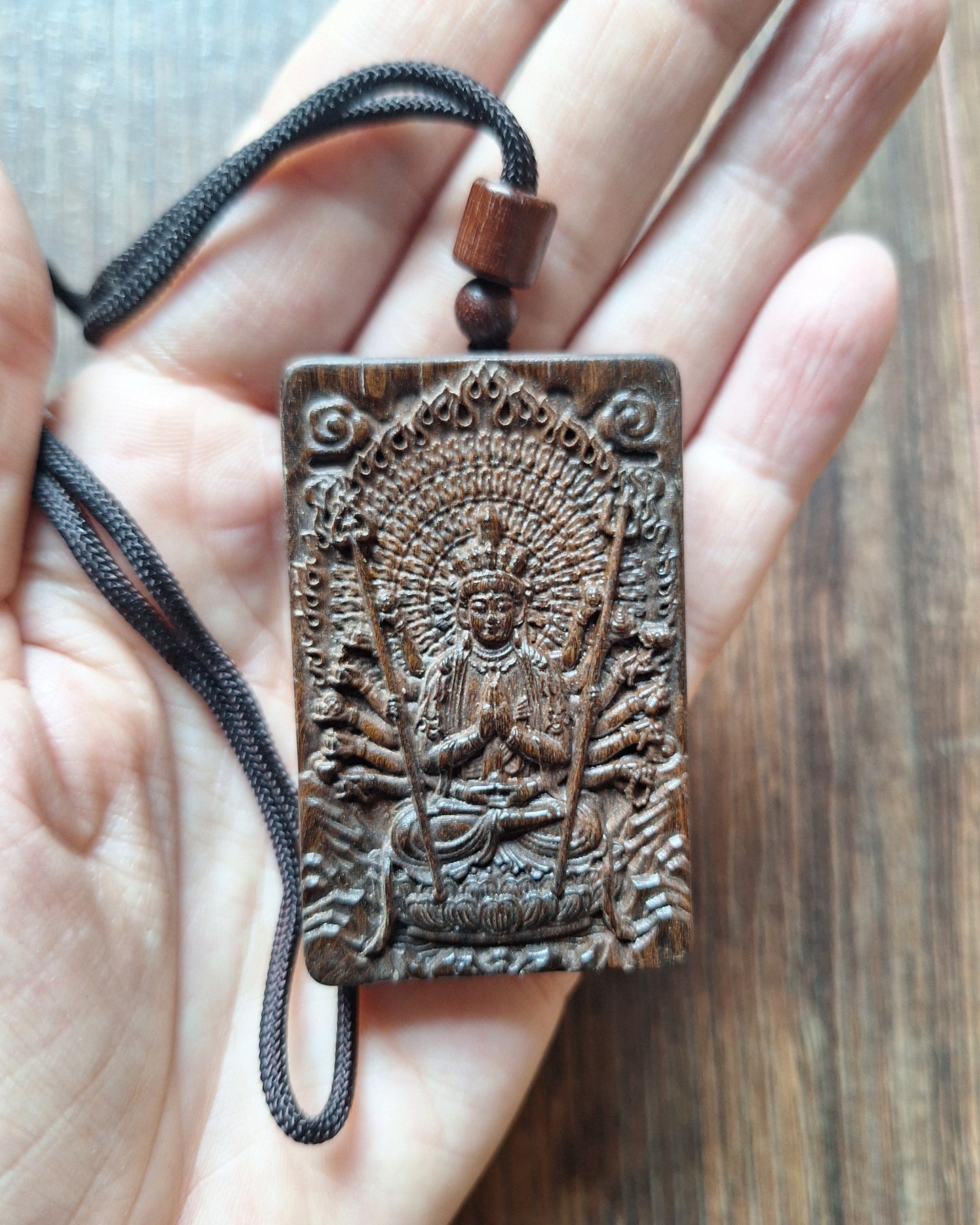 Necklace with wooden pendant Avalokiteshvara
