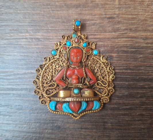 Gilded copper, coral and turquoise pendant Amitabha Buddha