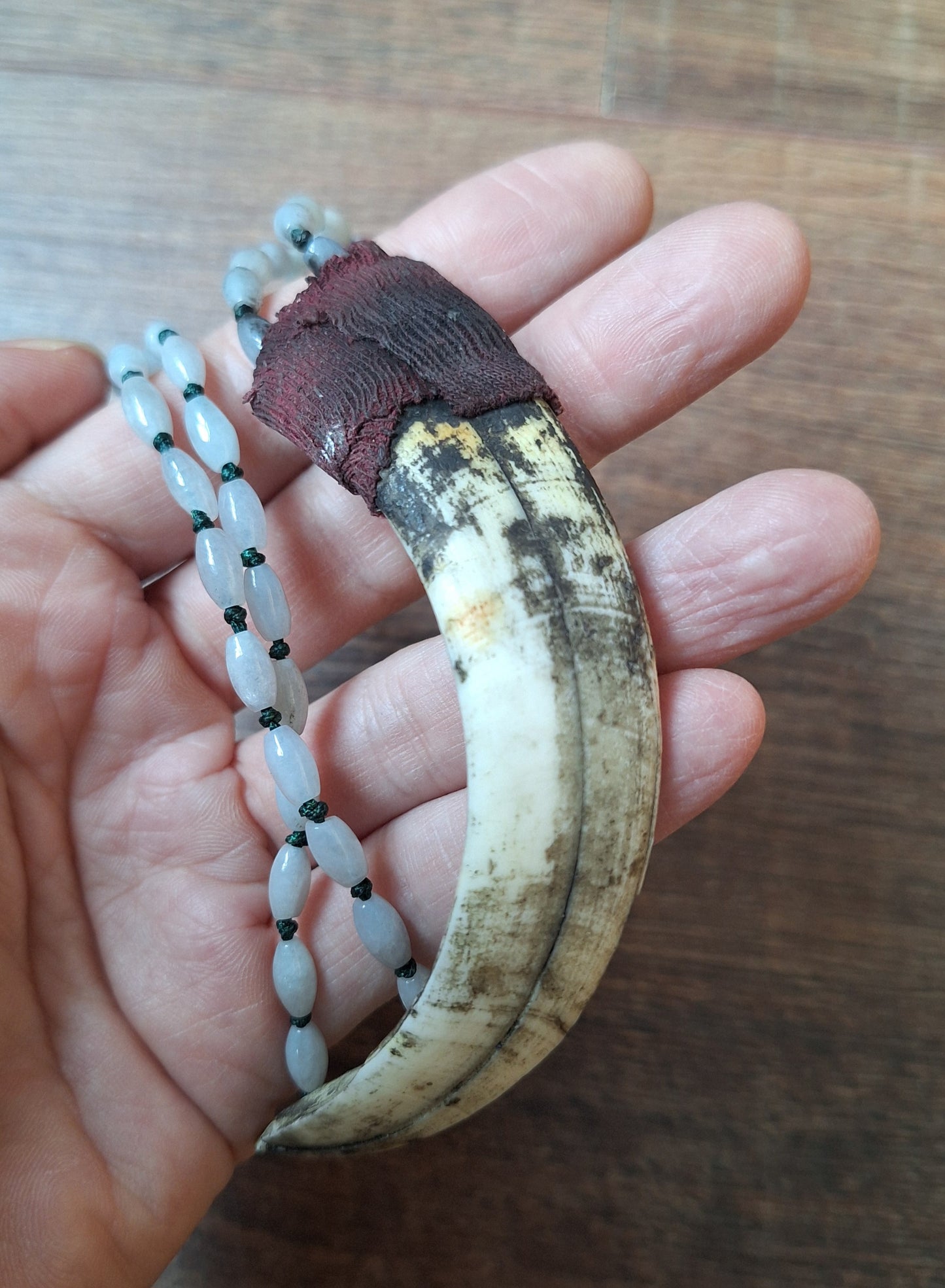Vintage Nepalese snow quartz necklace with wild boar tooth pendant