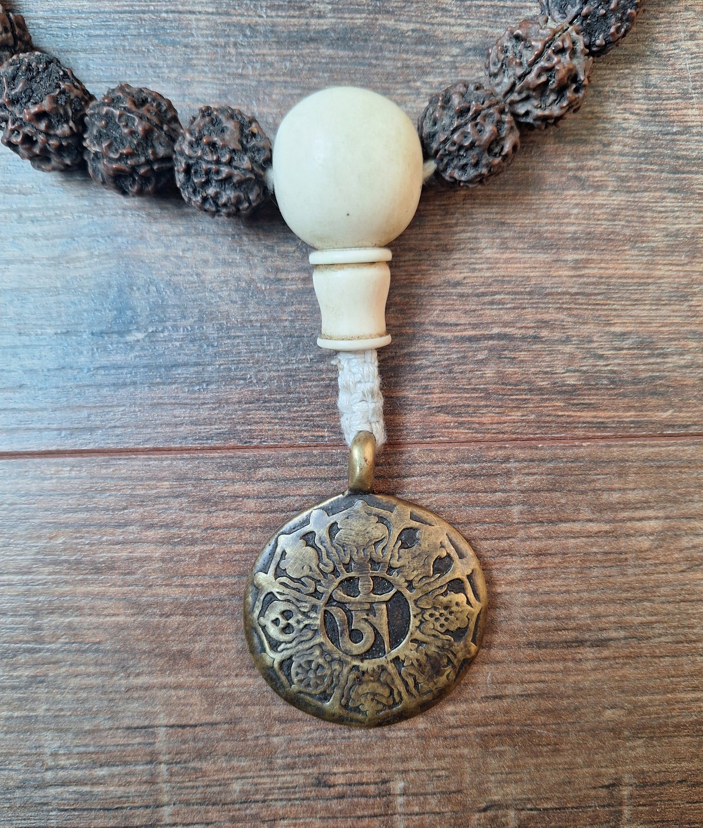 Vintage Nepalese rudraksha mala with melong Auspicious Symbols