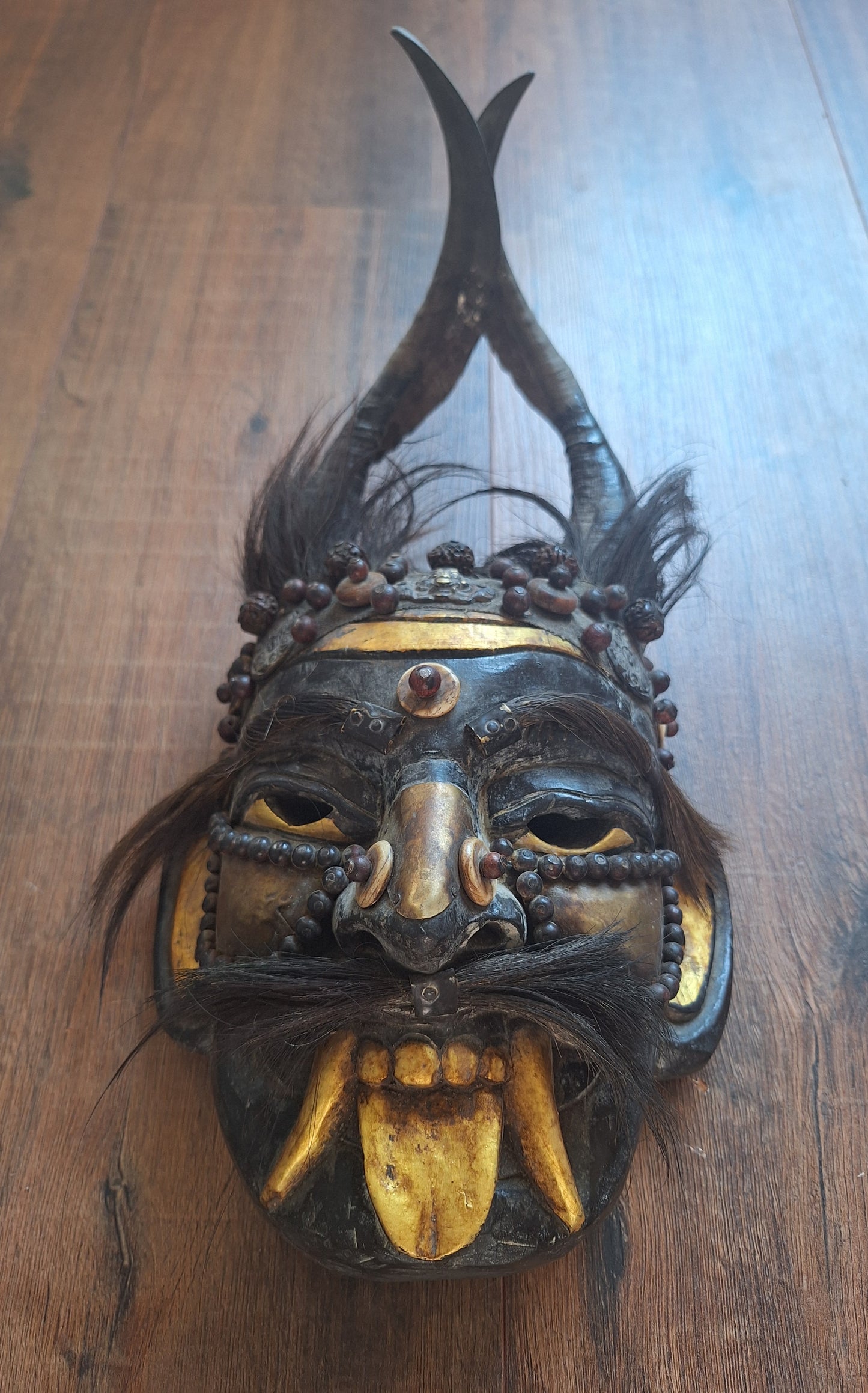 Vintage wooden wrathful spirit mask with beads, metal plating and yak hair #3
