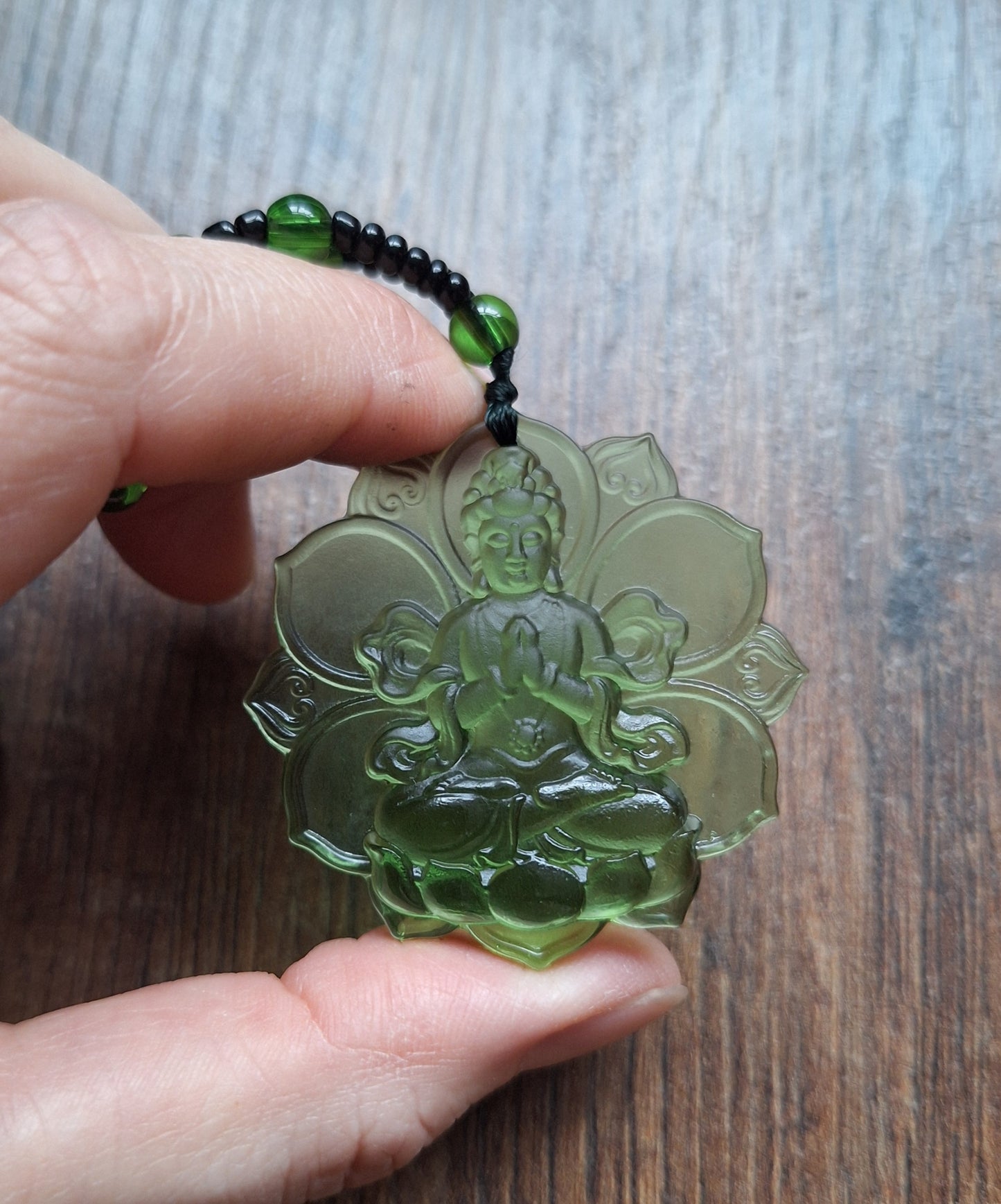 Green glass necklace with Green Tara pendant