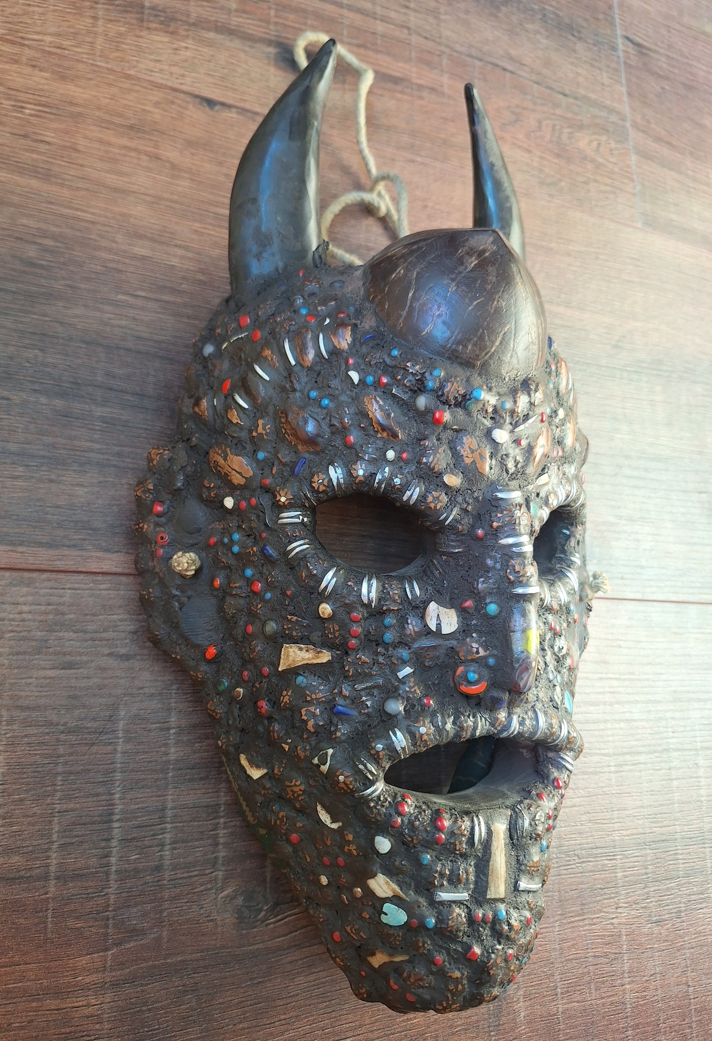 Vintage Nepalese wrathful spirit mask with seeds, shells and horns #2