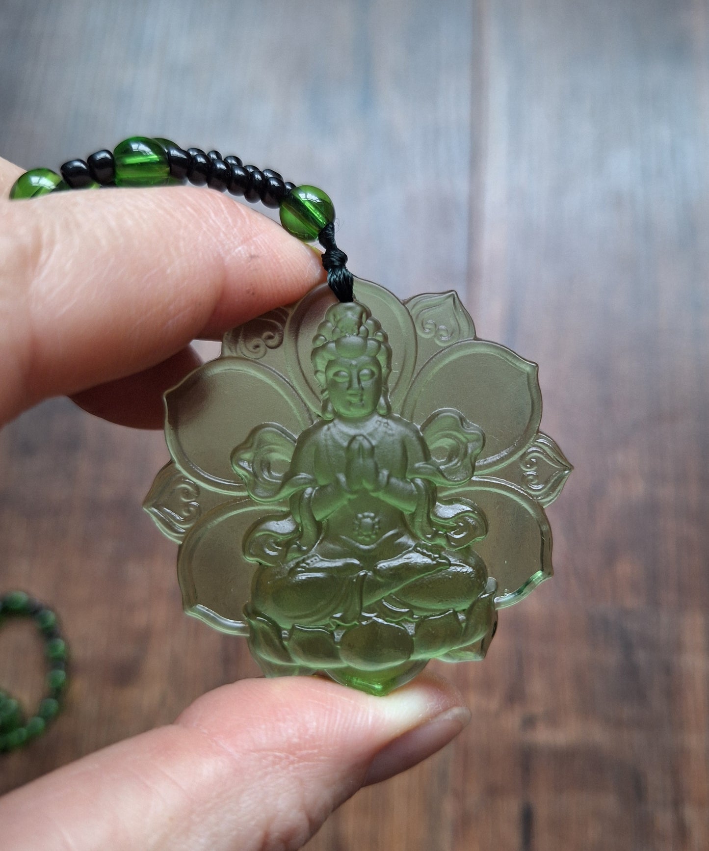 Green glass necklace with Green Tara pendant