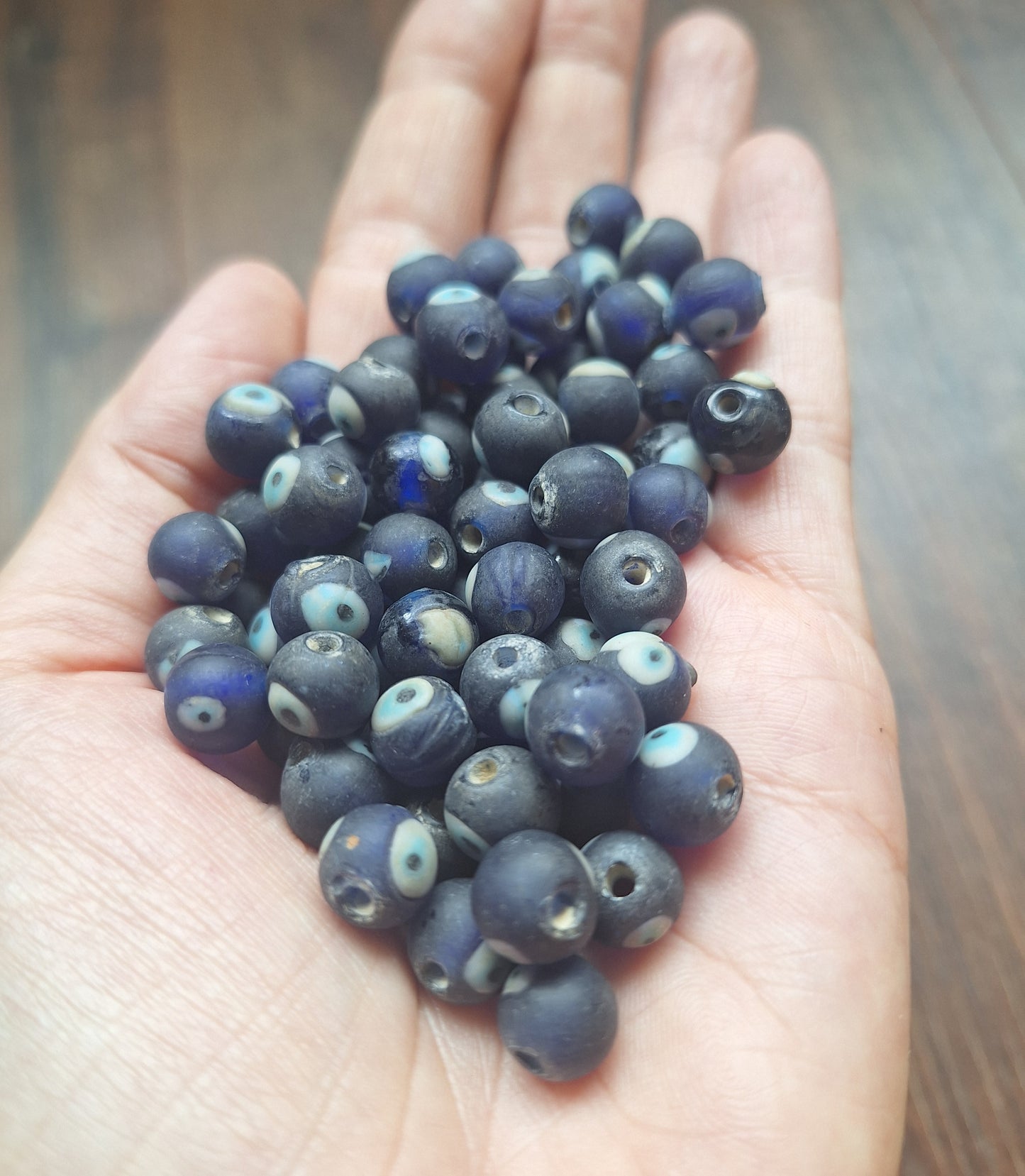 Vintage glass beads Eye, dark blue, set of 10