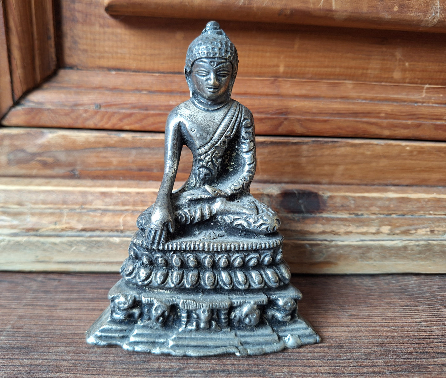 Antique Himalayan silver bronze Shakyamuni Buddha statue