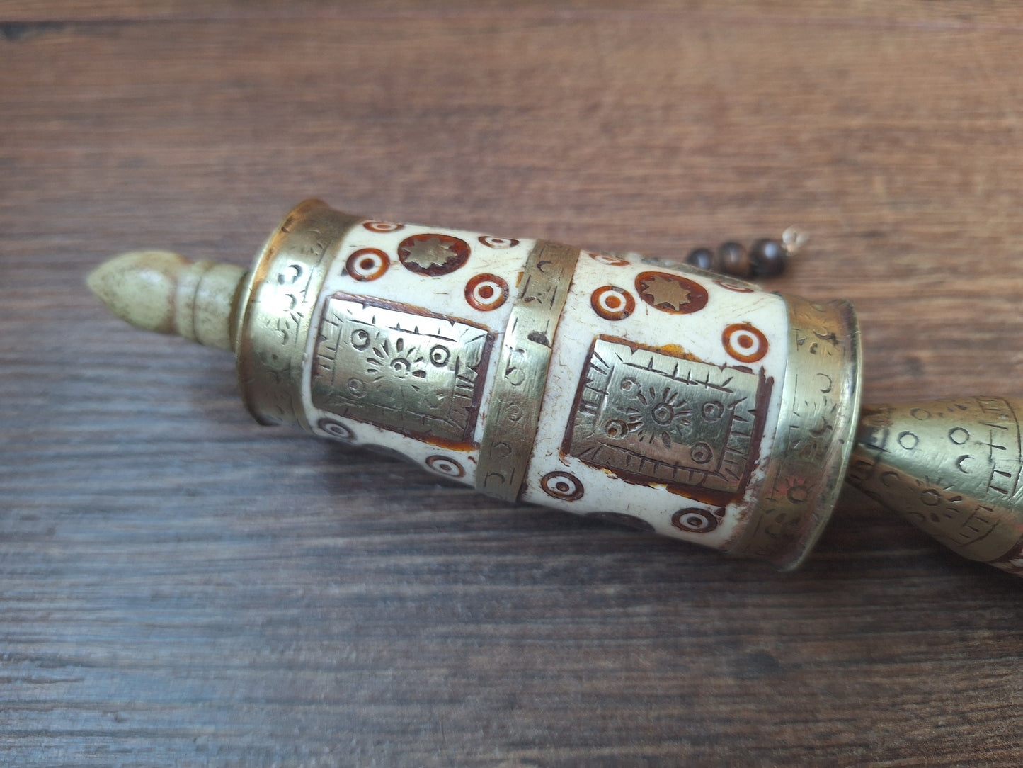 Vintage Tibetan silver and yak bone prayer wheel