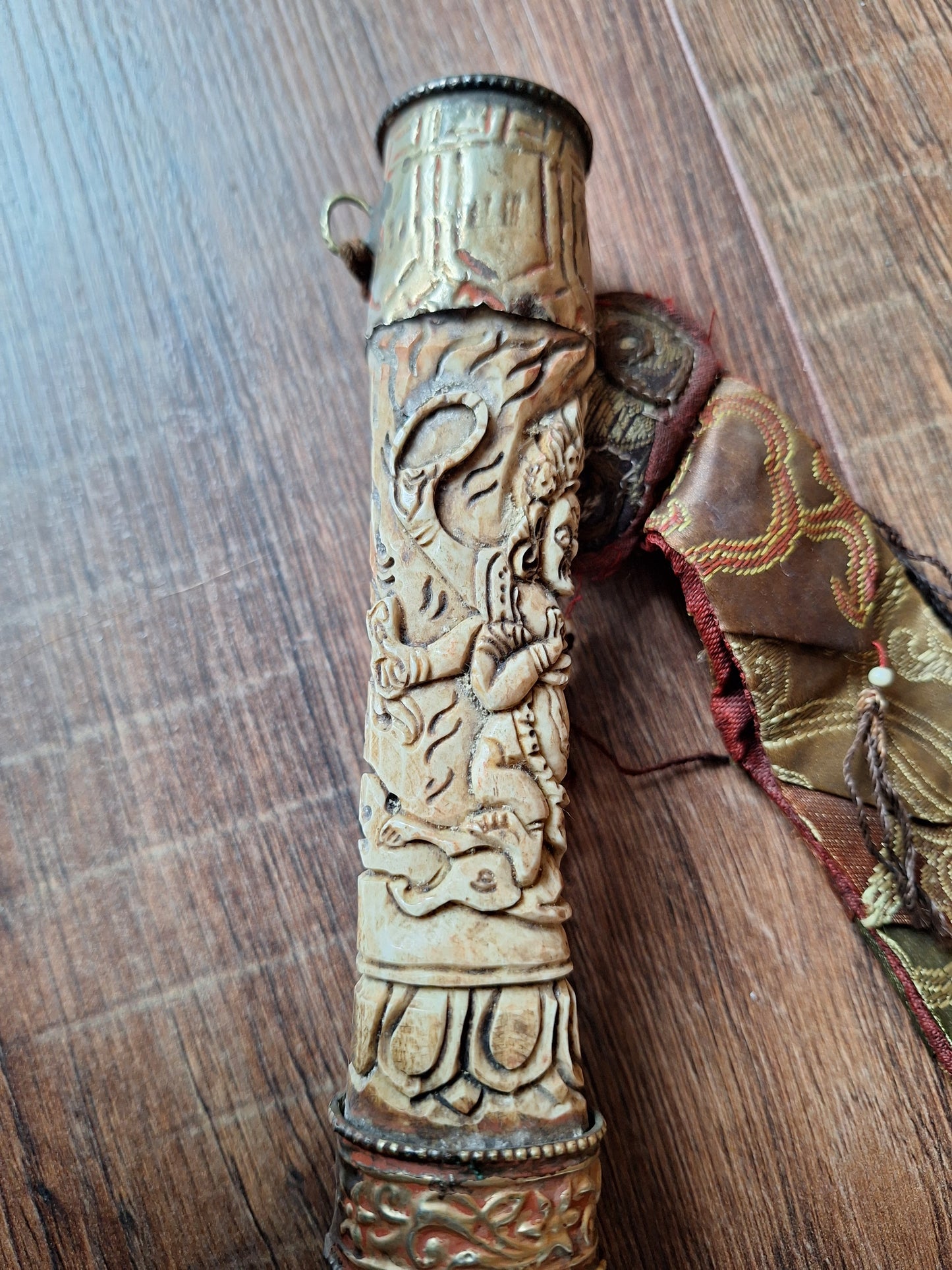 Vintage Tibetan Buddhist carved yak bone kangling