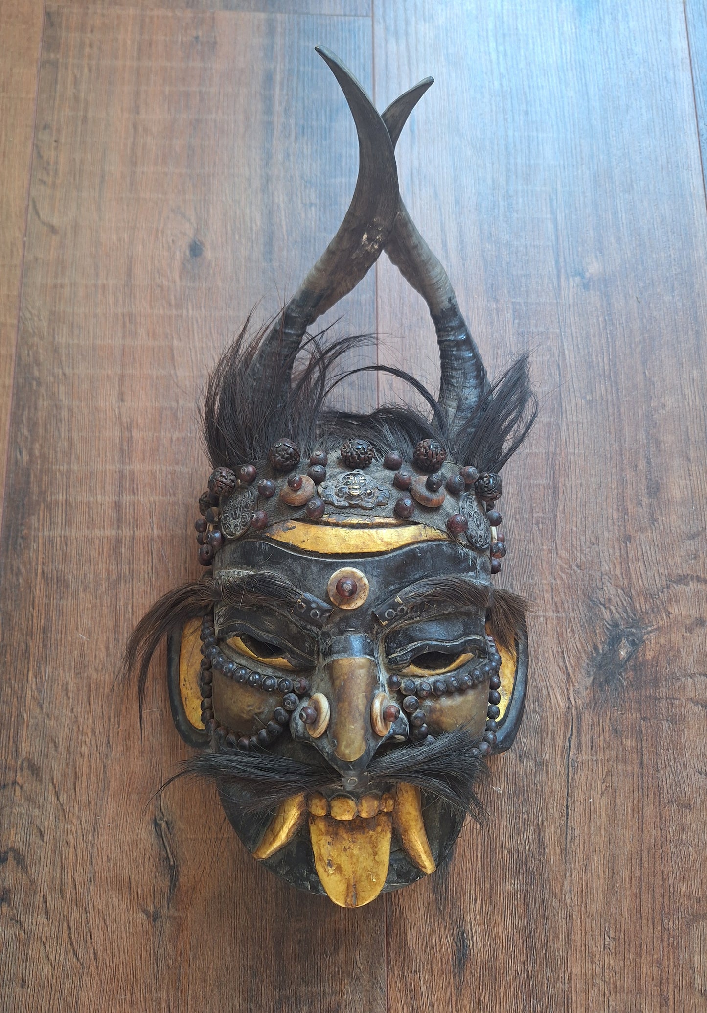 Vintage wooden wrathful spirit mask with beads, metal plating and yak hair #3
