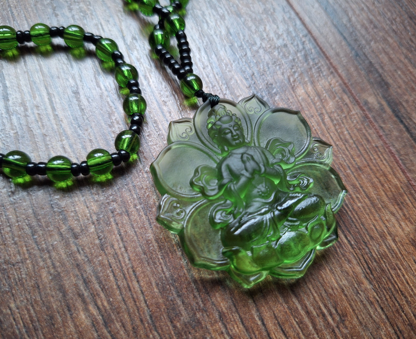 Green glass necklace with Green Tara pendant