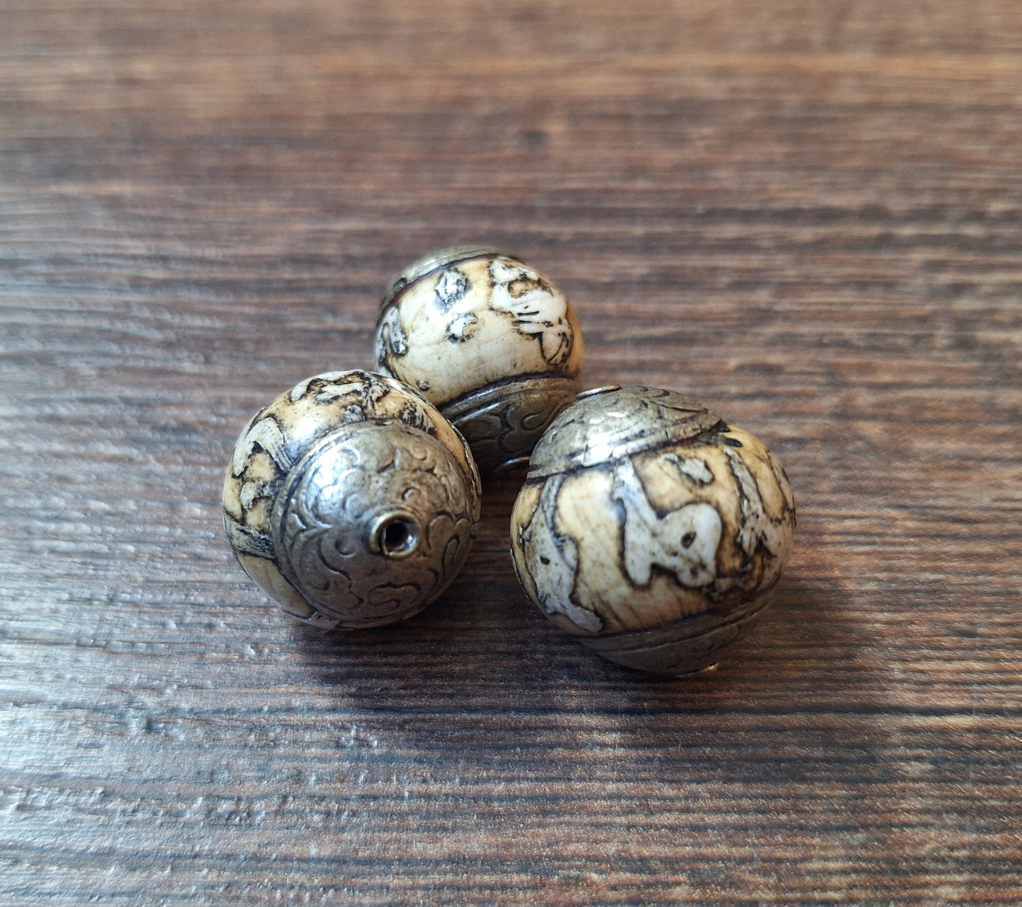 Vintage Tibetan conch shell mantra beads, set of 3