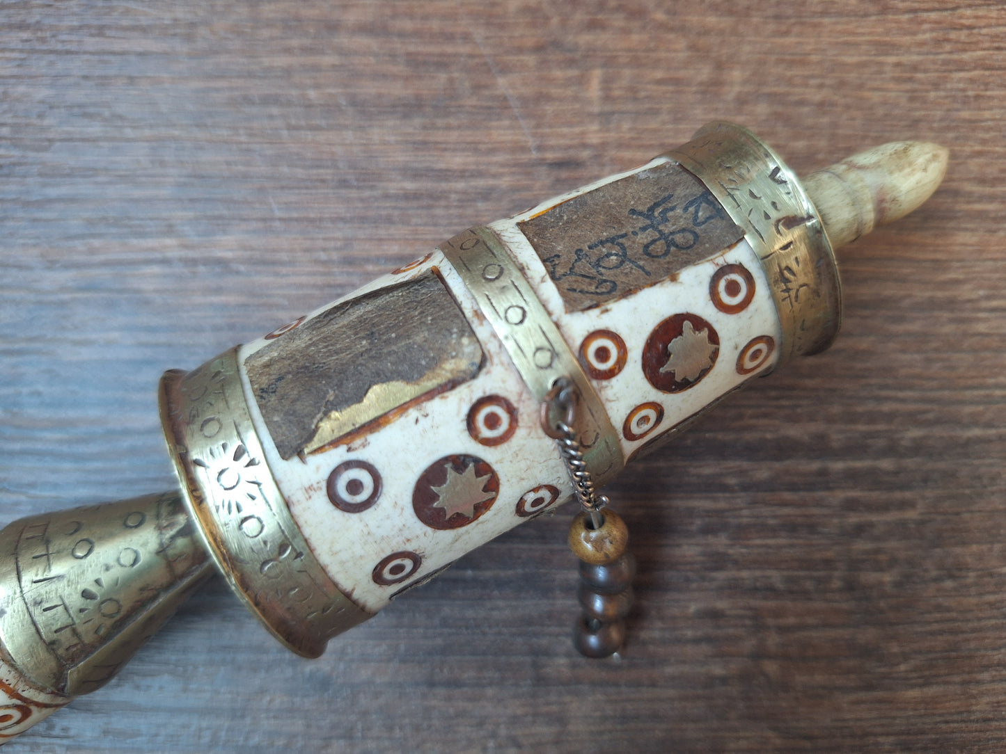 Vintage Tibetan silver and yak bone prayer wheel