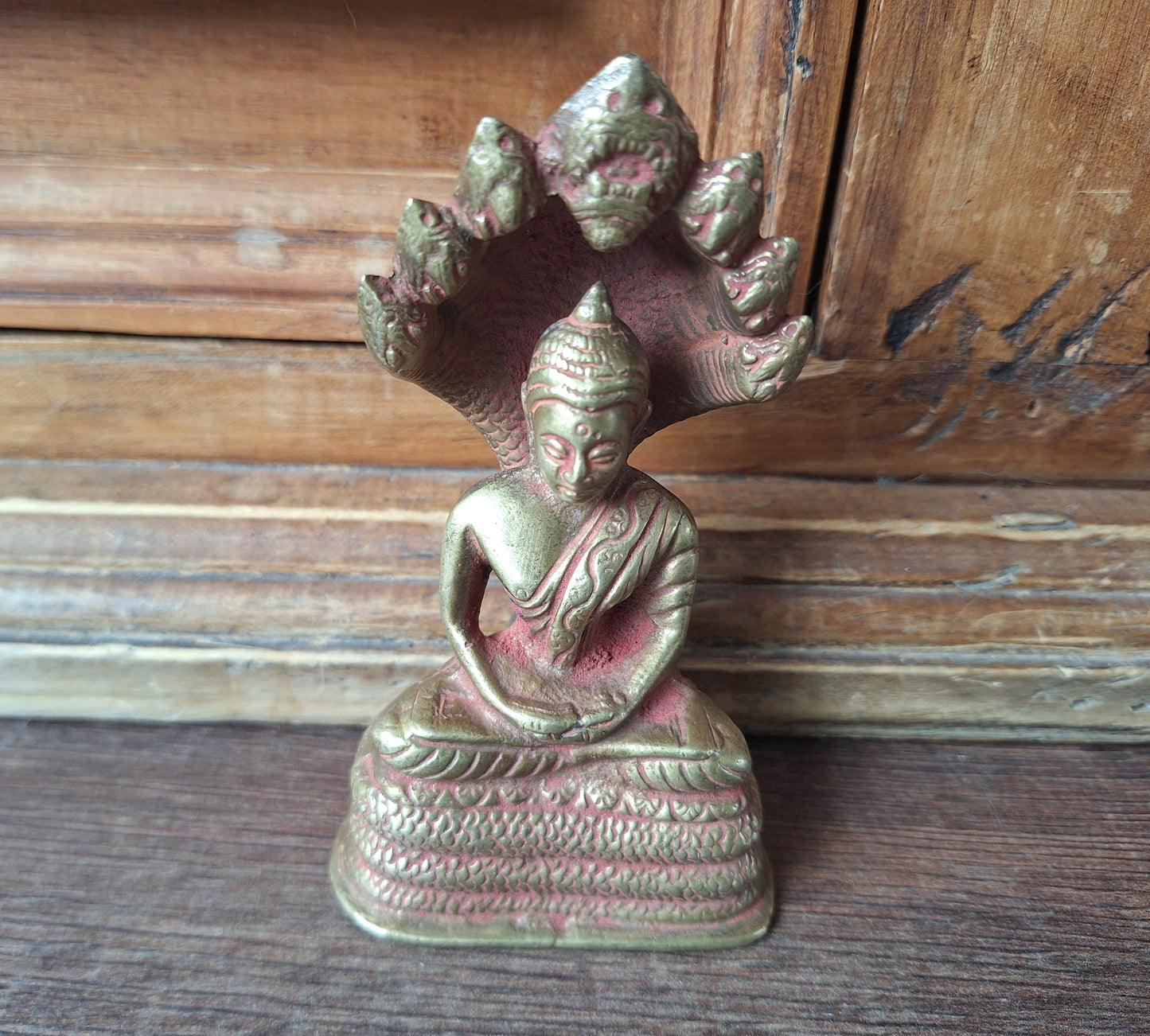 Vintage brass Shakyamuni Buddha with Mucalinda figurine