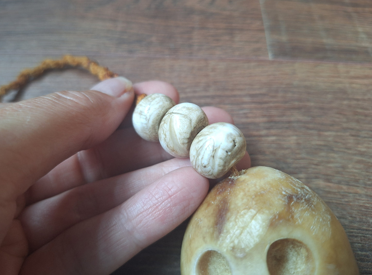 Vintage bone carved skull necklace