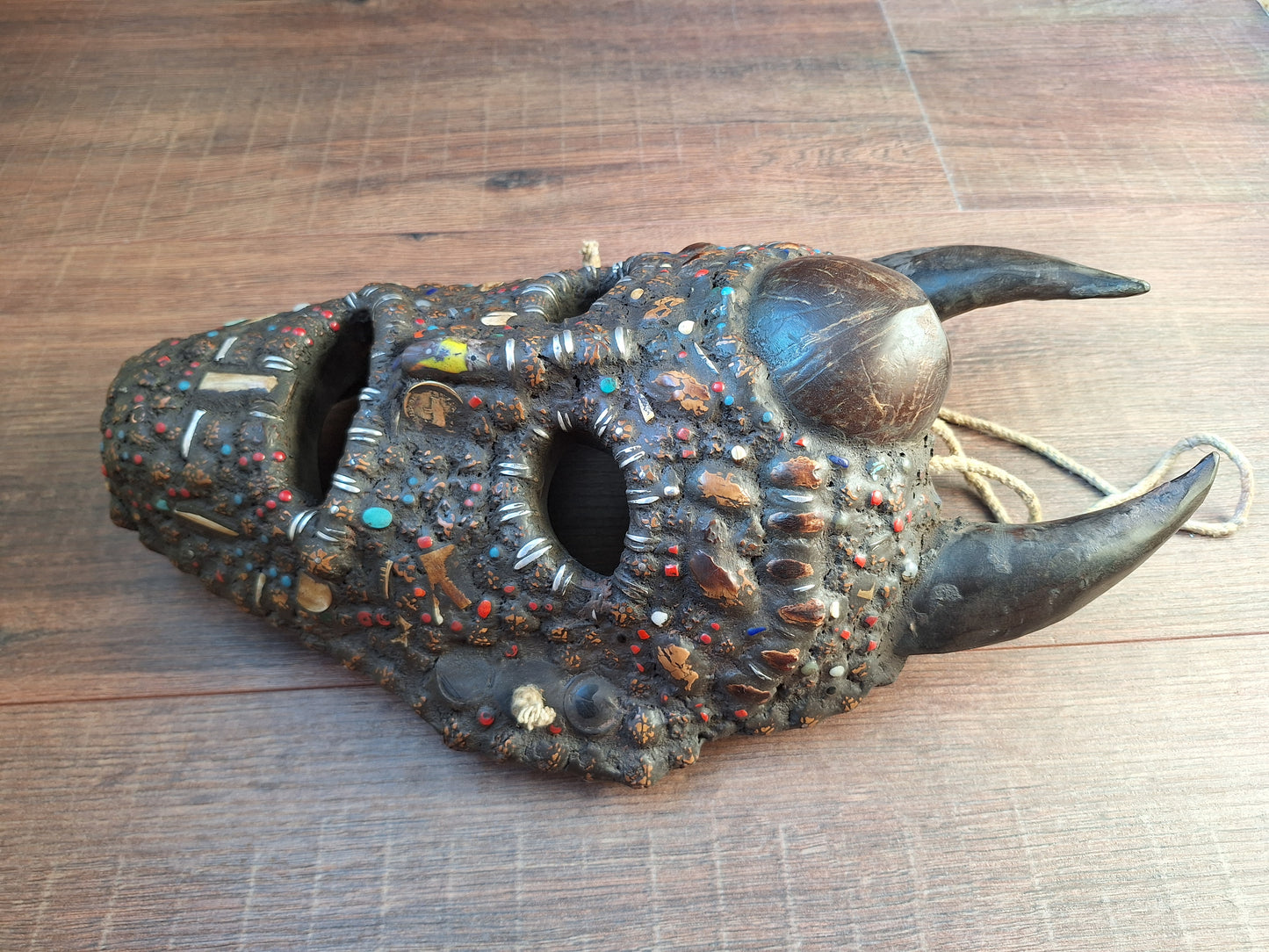 Vintage Nepalese wrathful spirit mask with seeds, shells and horns #2