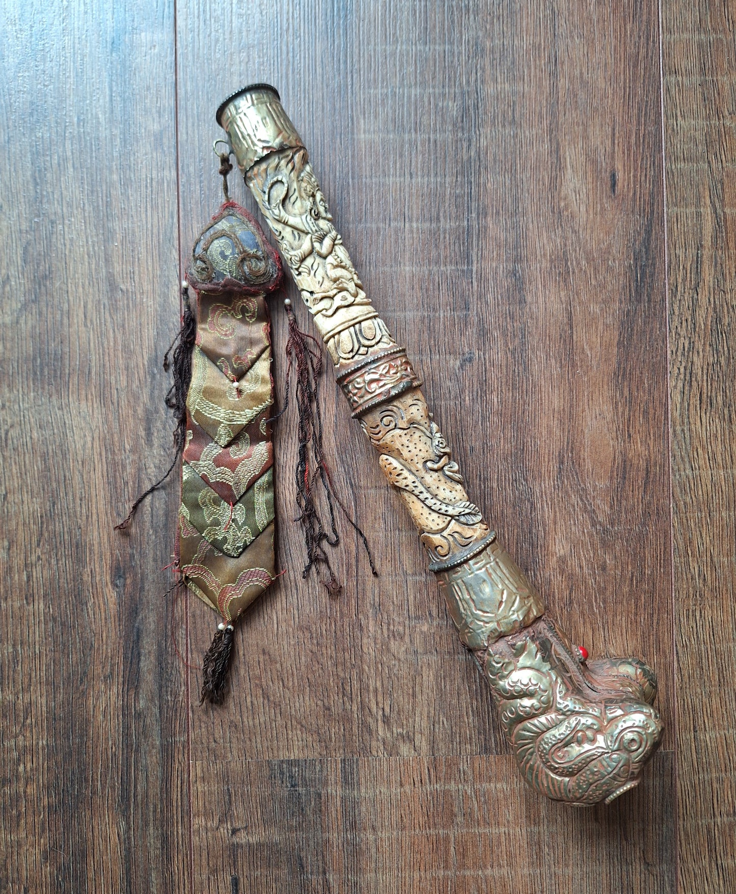 Vintage Tibetan Buddhist carved yak bone kangling