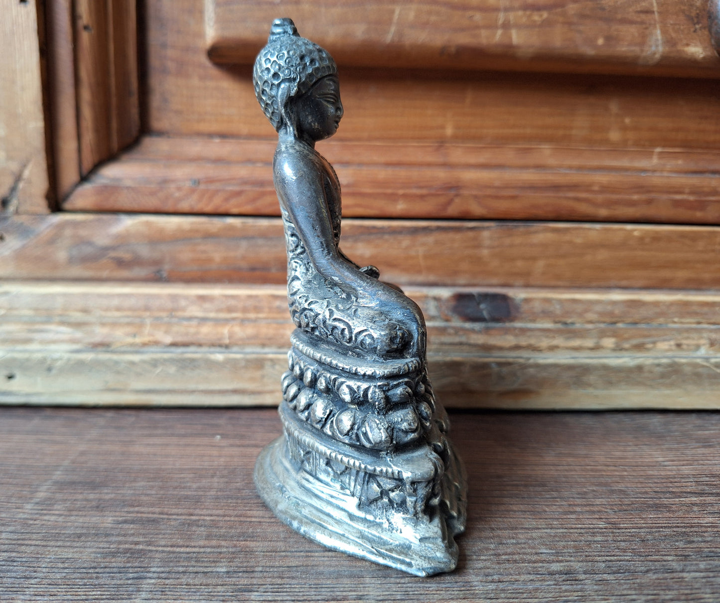 Antique Himalayan silver bronze Shakyamuni Buddha statue