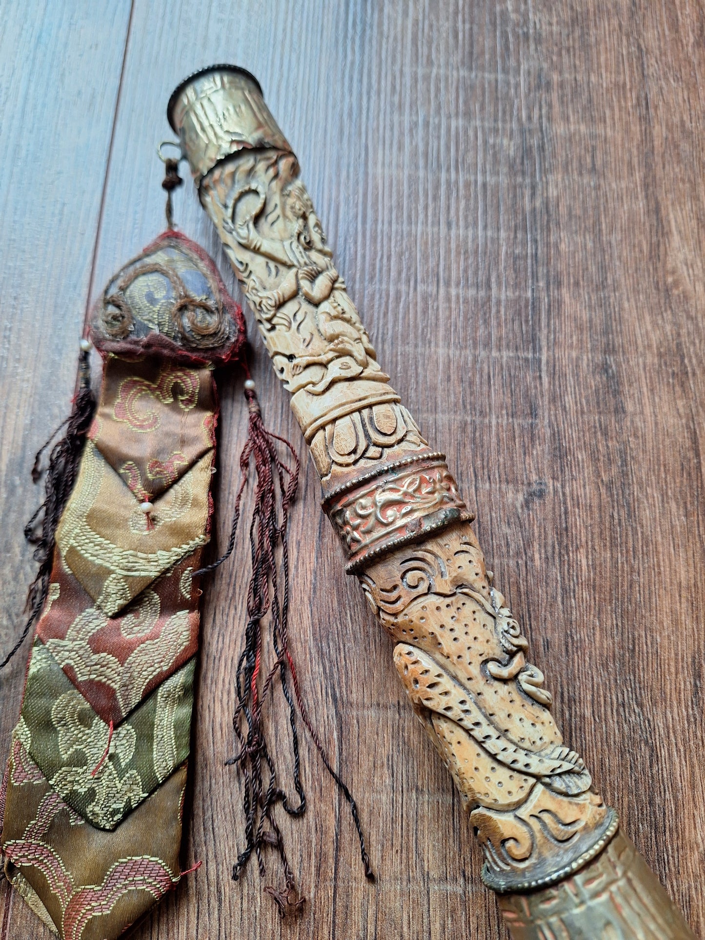 Vintage Tibetan Buddhist carved yak bone kangling
