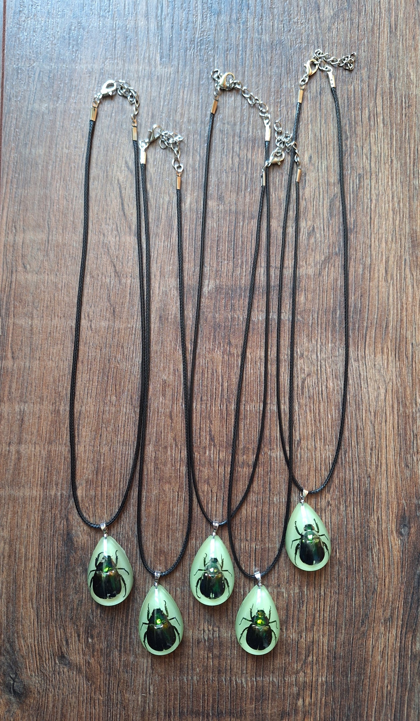 Beetle in glow-in-the-dark resin necklace